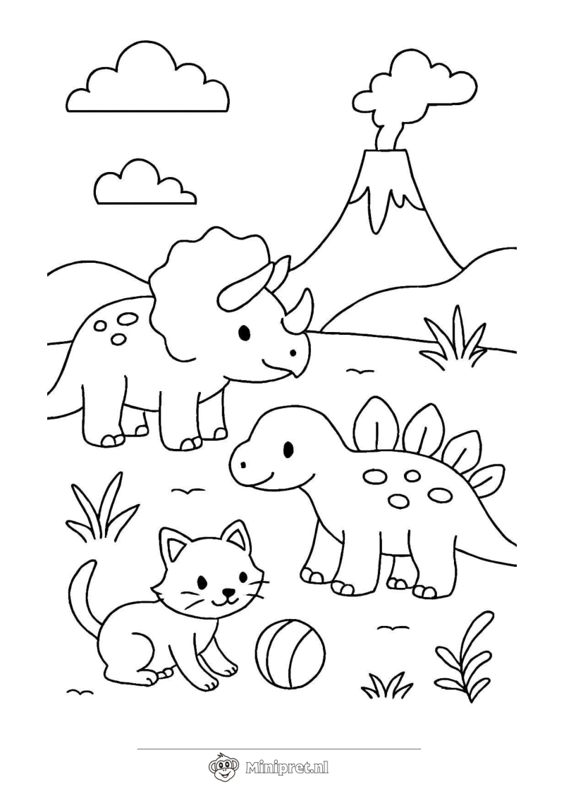 Dinosaurus bij de Vulkaan kleurplaat — gratis kleurplaat