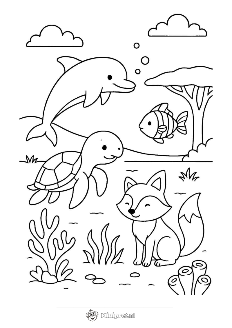 Dolfijn en Schildpad kleurplaat