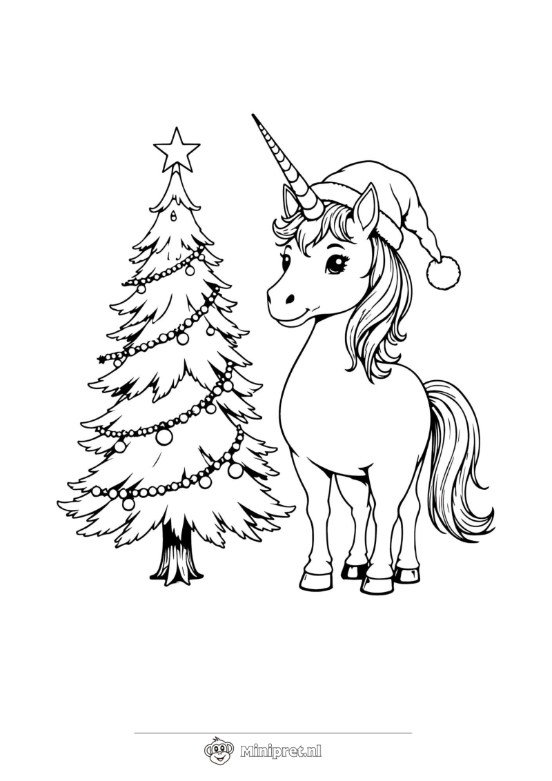 Eenhoorn bij de Kerstboom kleurplaat