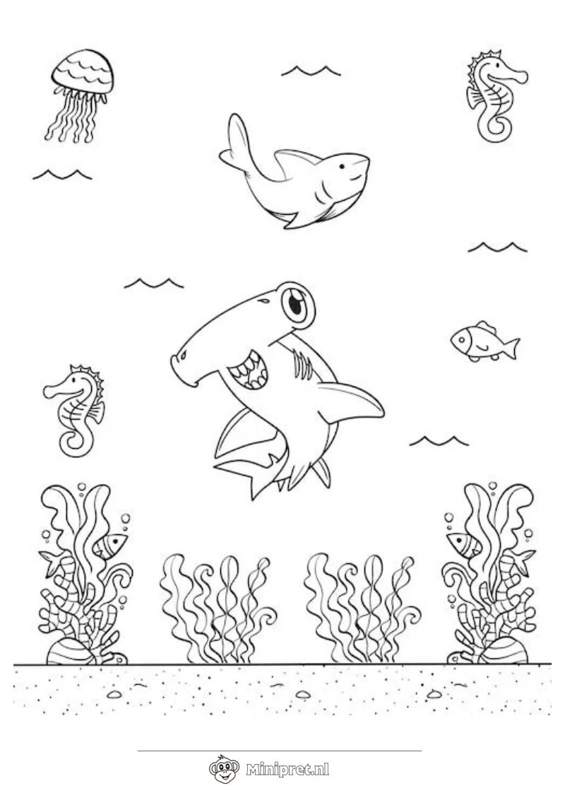 Haai en Dolfijn in de Zee kleurplaat — gratis kleurplaat