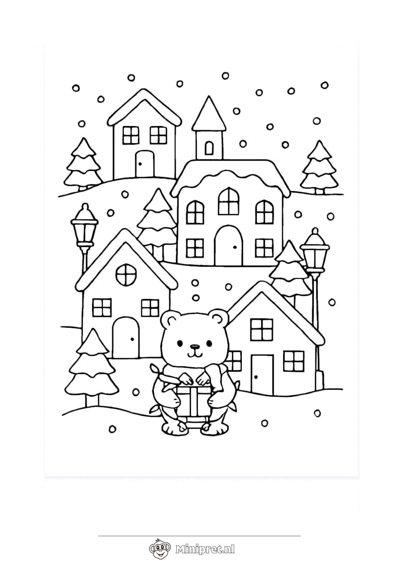 Kerstbeer in Besneeuwde Stad kleurplaat — gratis kleurplaat