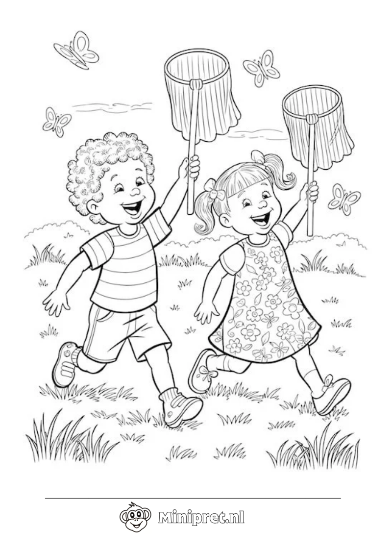 Kinderen Vangen Vlinders kleurplaat — gratis kleurplaat