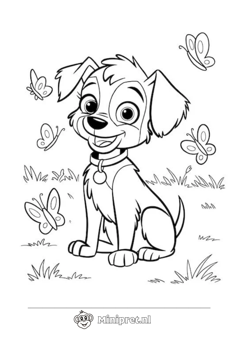 Puppy met Vlinders kleurplaat — gratis kleurplaat