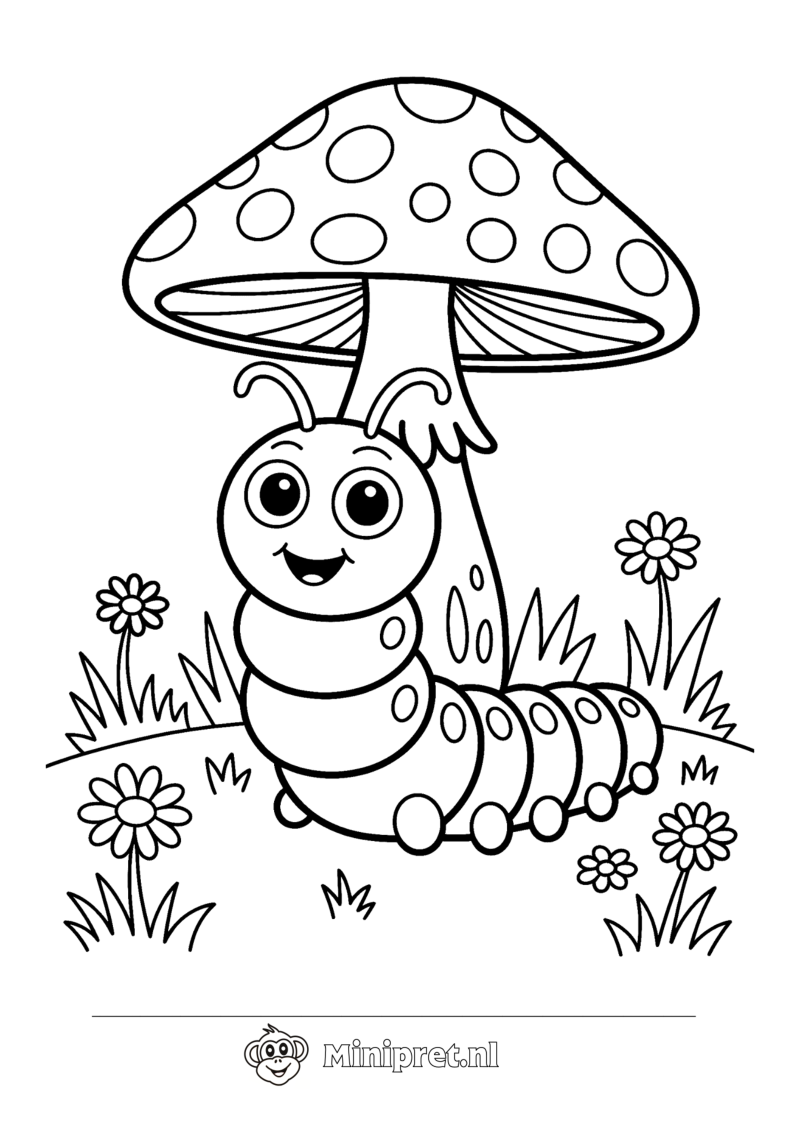 Rups bij de Paddenstoel kleurplaat — gratis kleurplaat