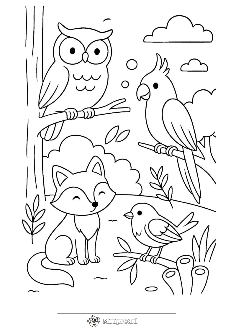Uilen en Vossen in het Bos kleurplaat — gratis kleurplaat