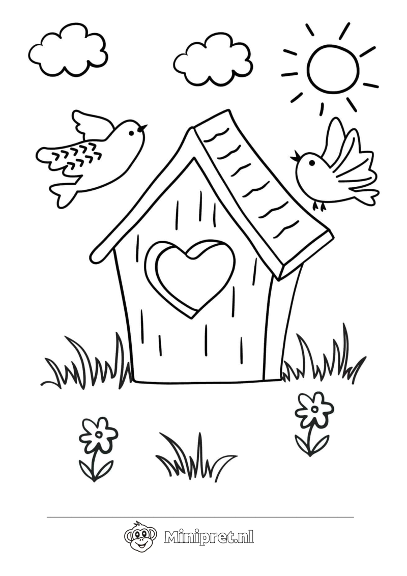 Vogels bij het Vogelhuisje kleurplaat — gratis kleurplaat