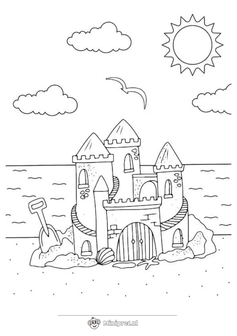 Zandkasteel aan Zee kleurplaat — gratis kleurplaat