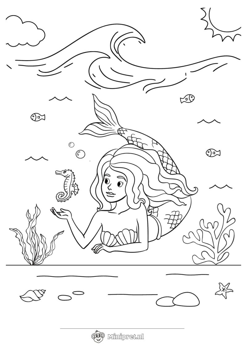 Zeemeermin met Zeepaardje kleurplaat — gratis kleurplaat