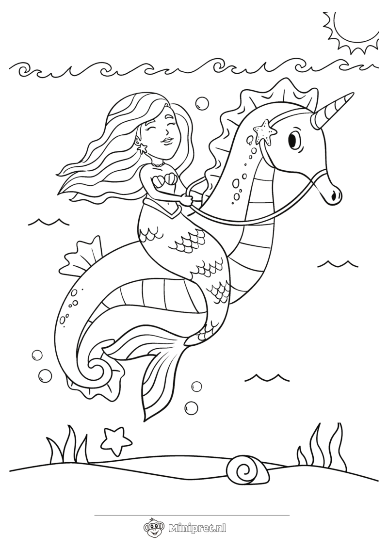 Zeemeermin Rijdt op Zeepaardje kleurplaat — gratis kleurplaat