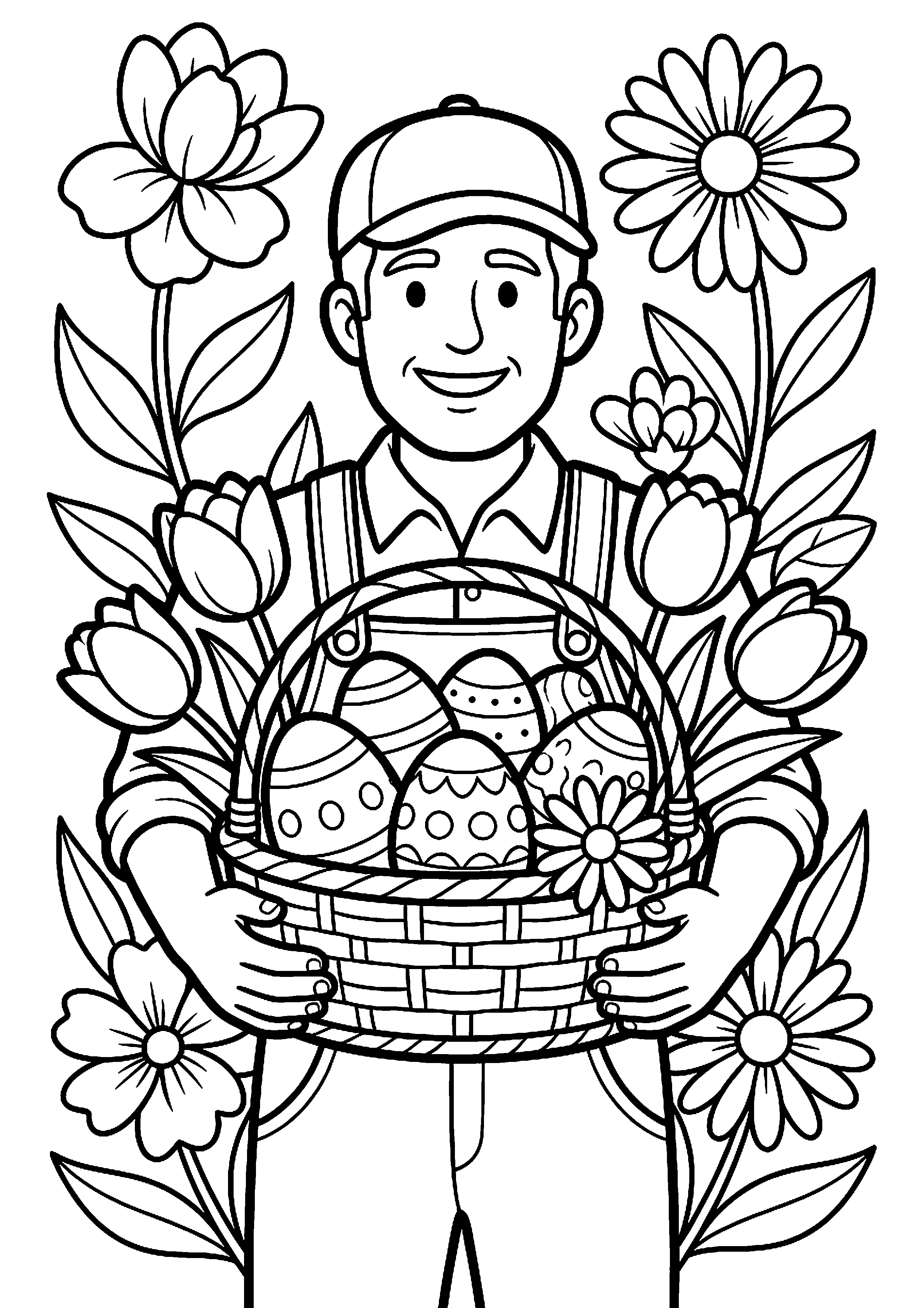 Mand met paaseieren en bloemen kleurplaat — gratis kleurplaat printen