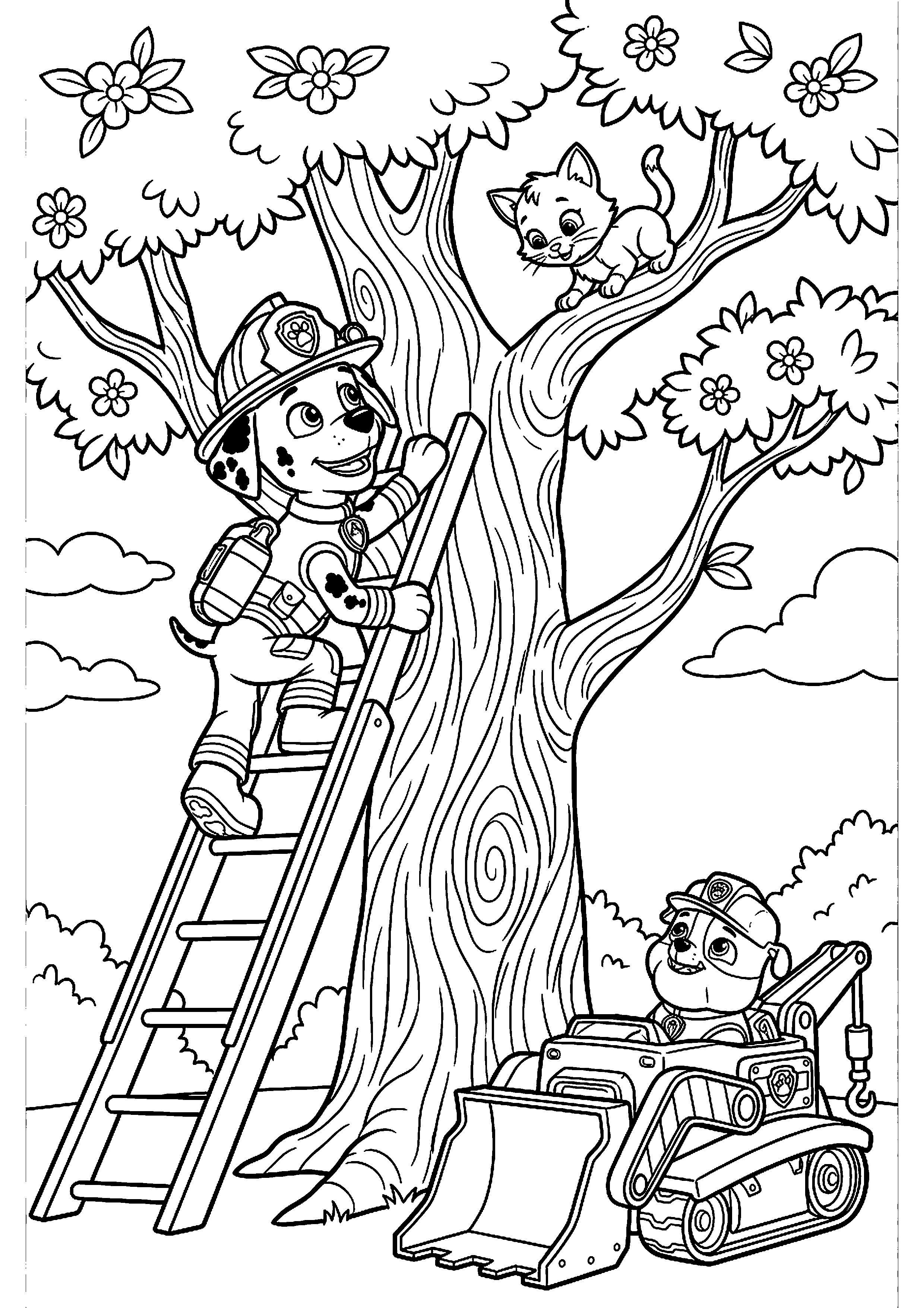 Marshall en rubble redden kitten uit boom kleurplaat — gratis kleurplaat