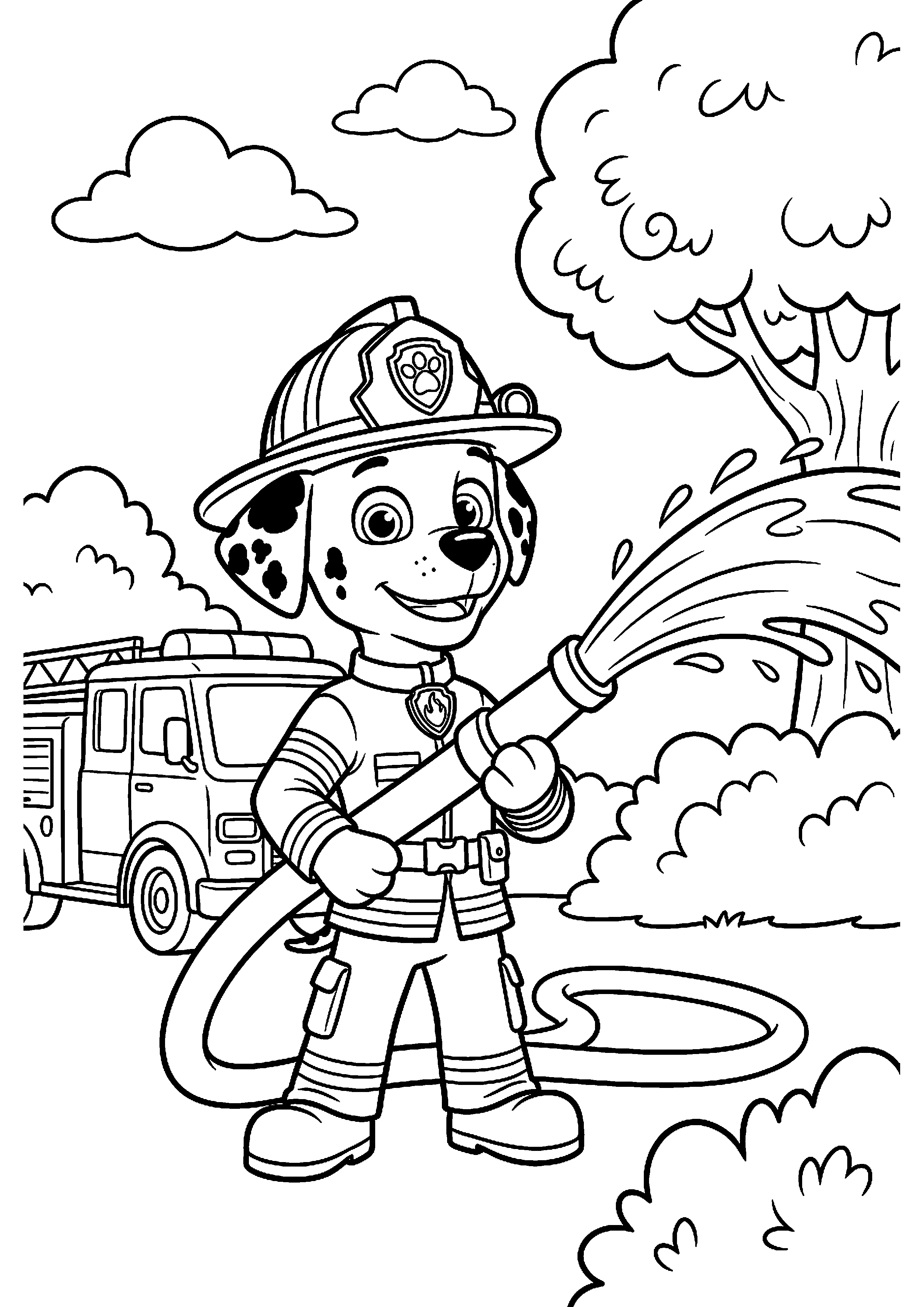 Marshall spuit water uit brandweerslang kleurplaat — gratis kleurplaat