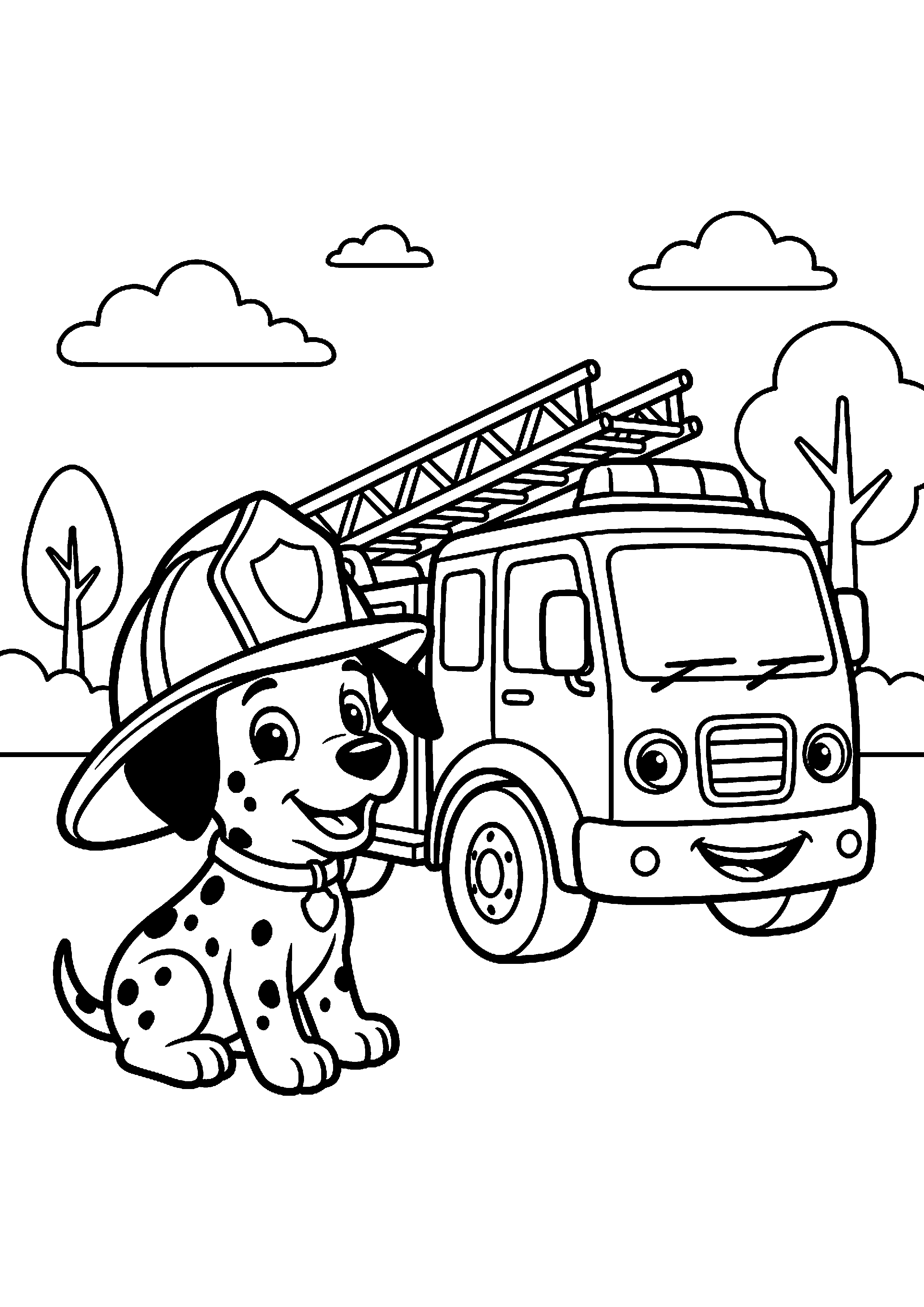 Marshall zit met brandweerhelm naast brandweerwagen kleurplaat — gratis kleurplaat