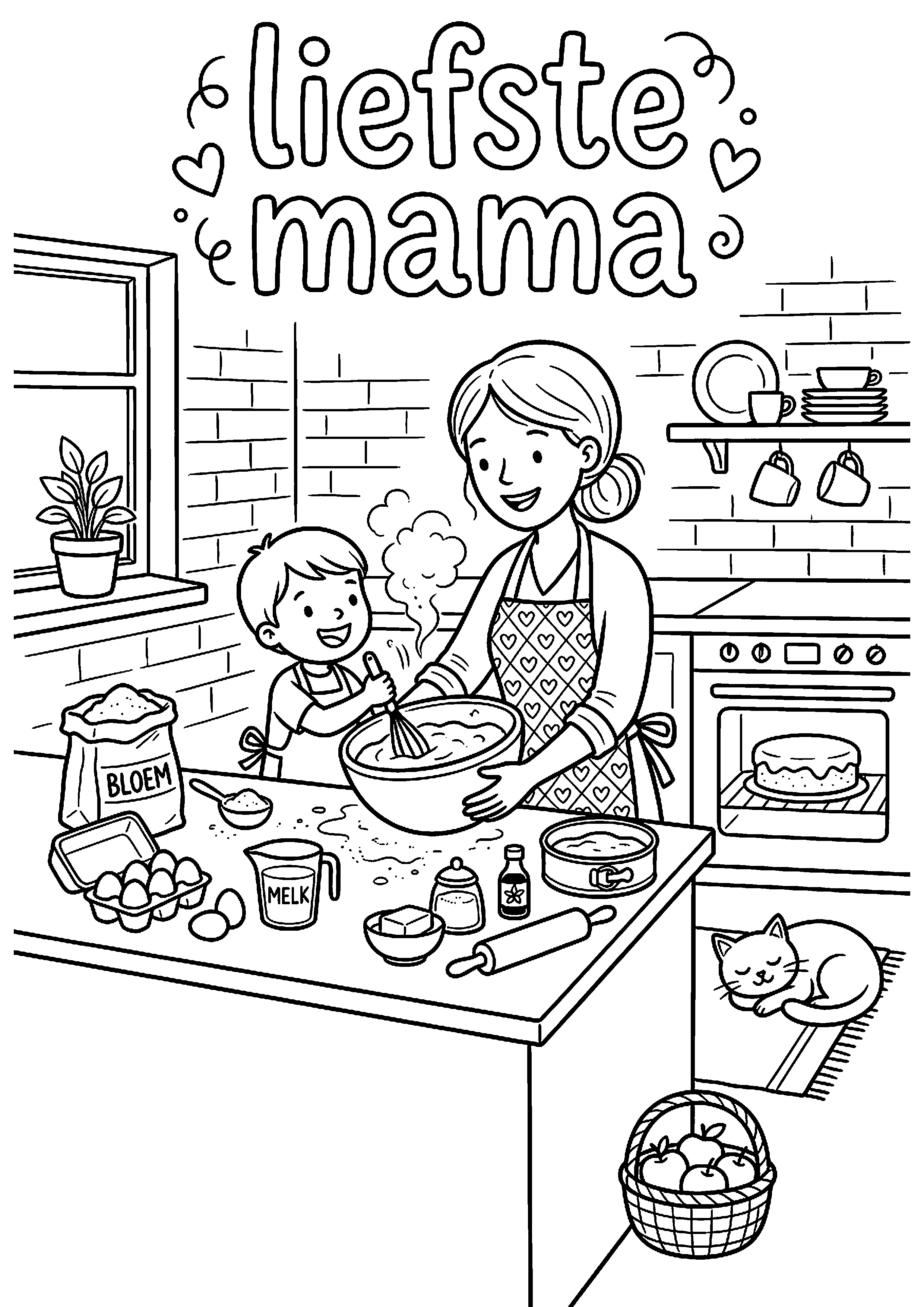 Moeder en kind bakken taart kleurplaat — gratis kleurplaat printen