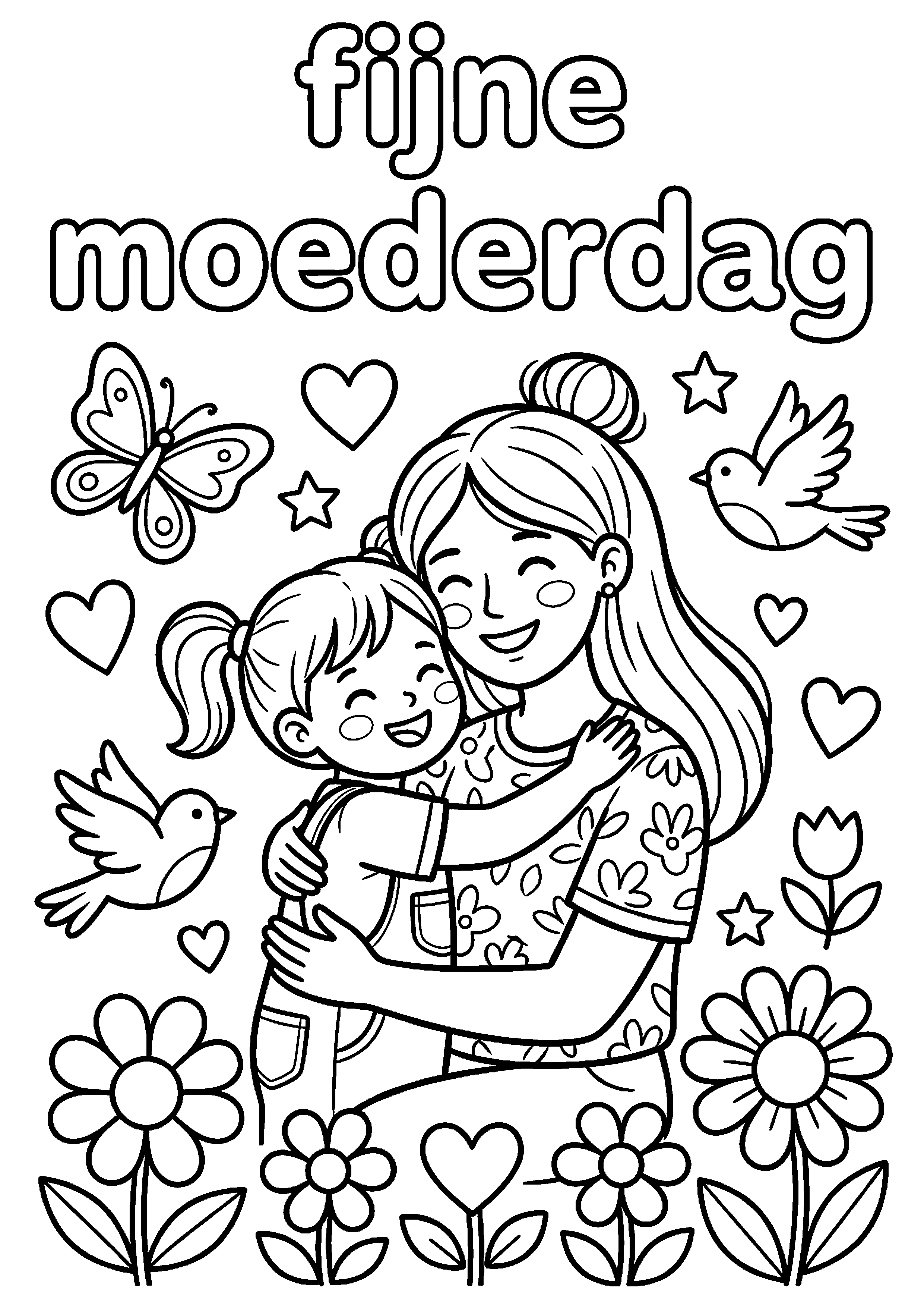 Moeder en kind geven knuffel met tekst fijne moederdag kleurplaat — gratis kleurplaat printen