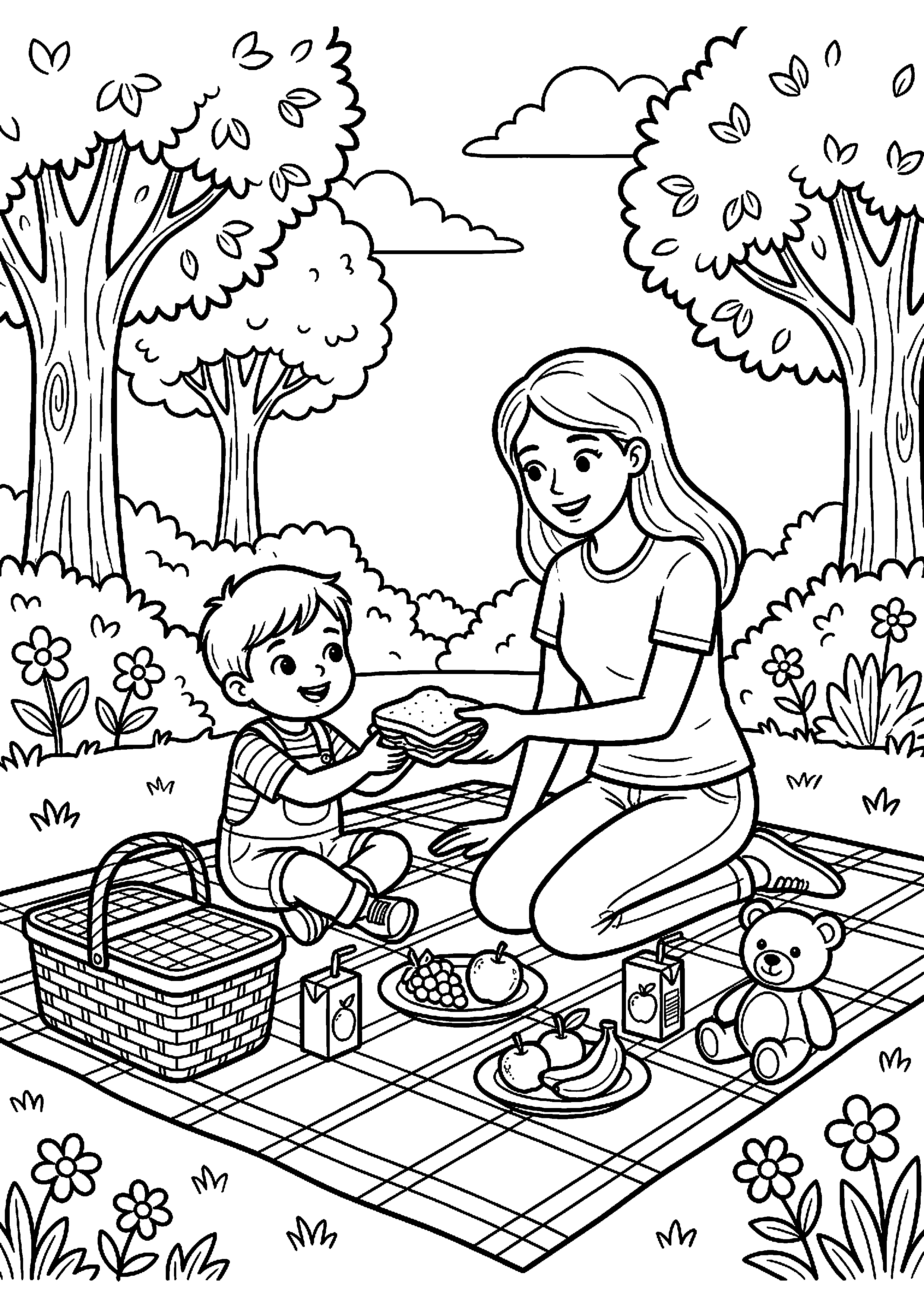 Moeder en kind picknicken in park kleurplaat — gratis kleurplaat printen