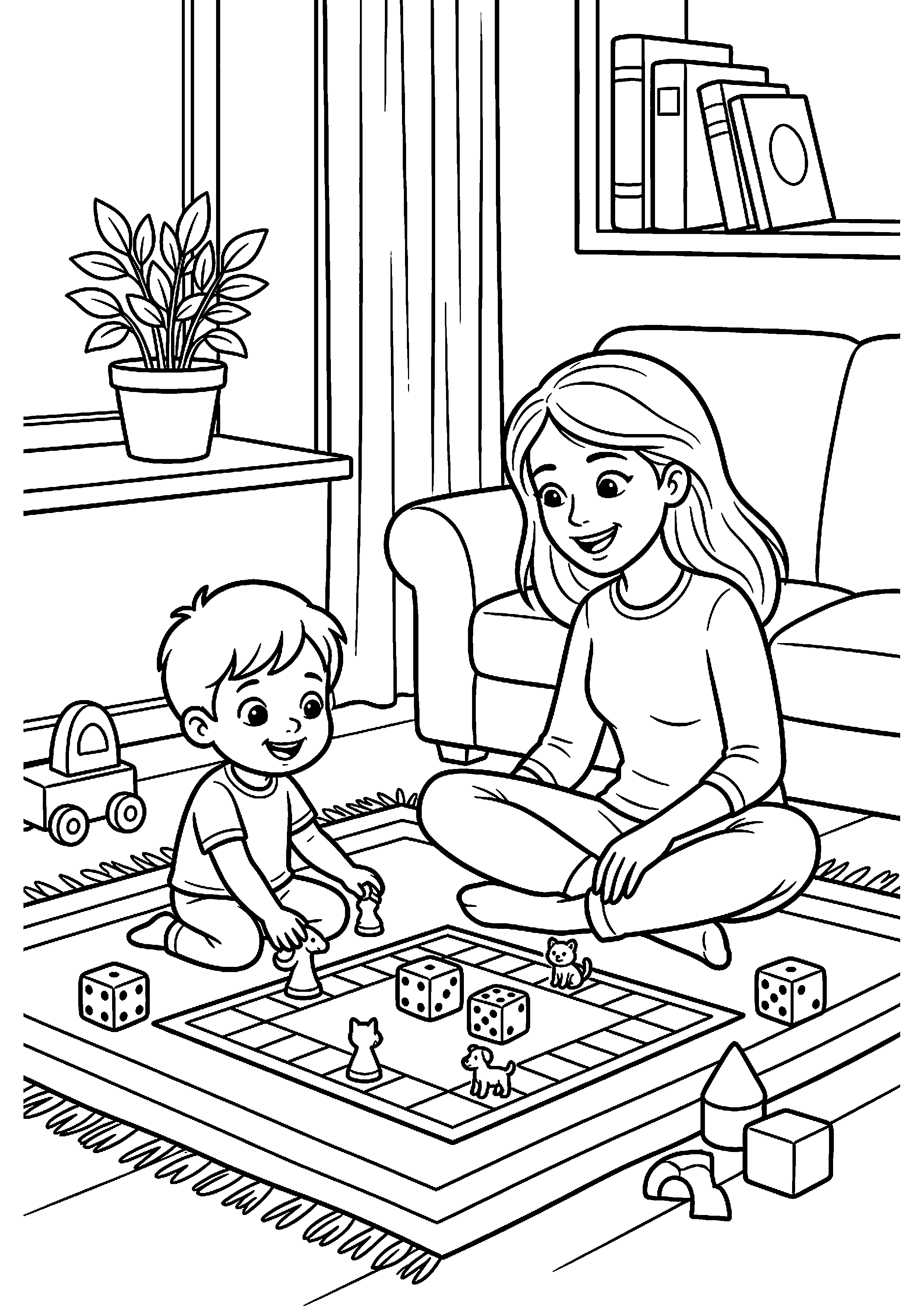 Moeder en kind spelen spelletje kleurplaat — gratis kleurplaat printen