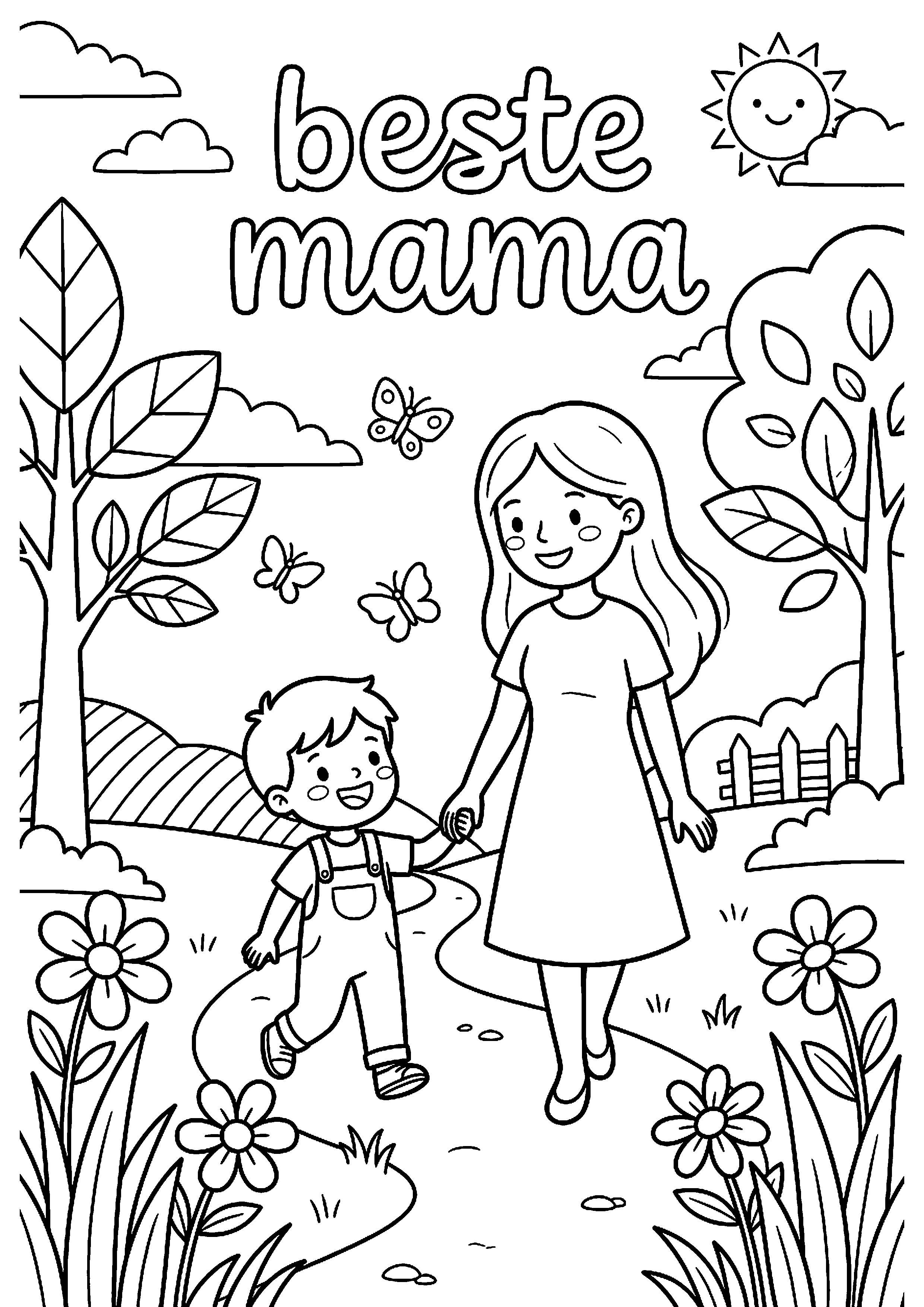 Moeder en kind wandelen hand in hand met tekst fijne moederdag kleurplaat — gratis kleurplaat printen