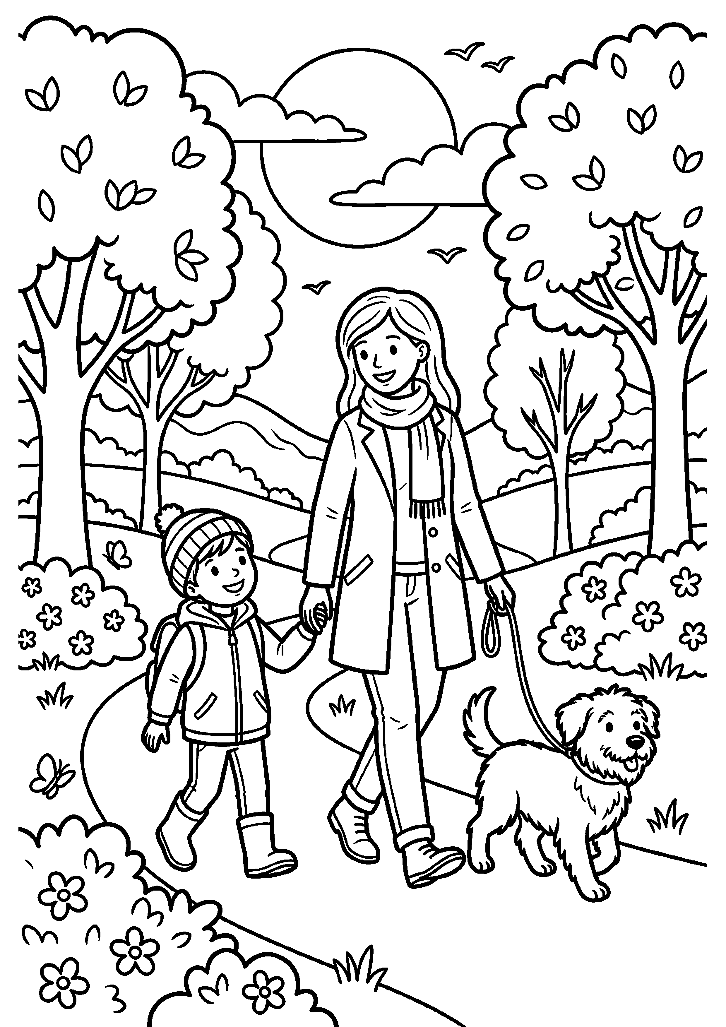 Moeder en kind wandelen met hond kleurplaat — gratis kleurplaat printen