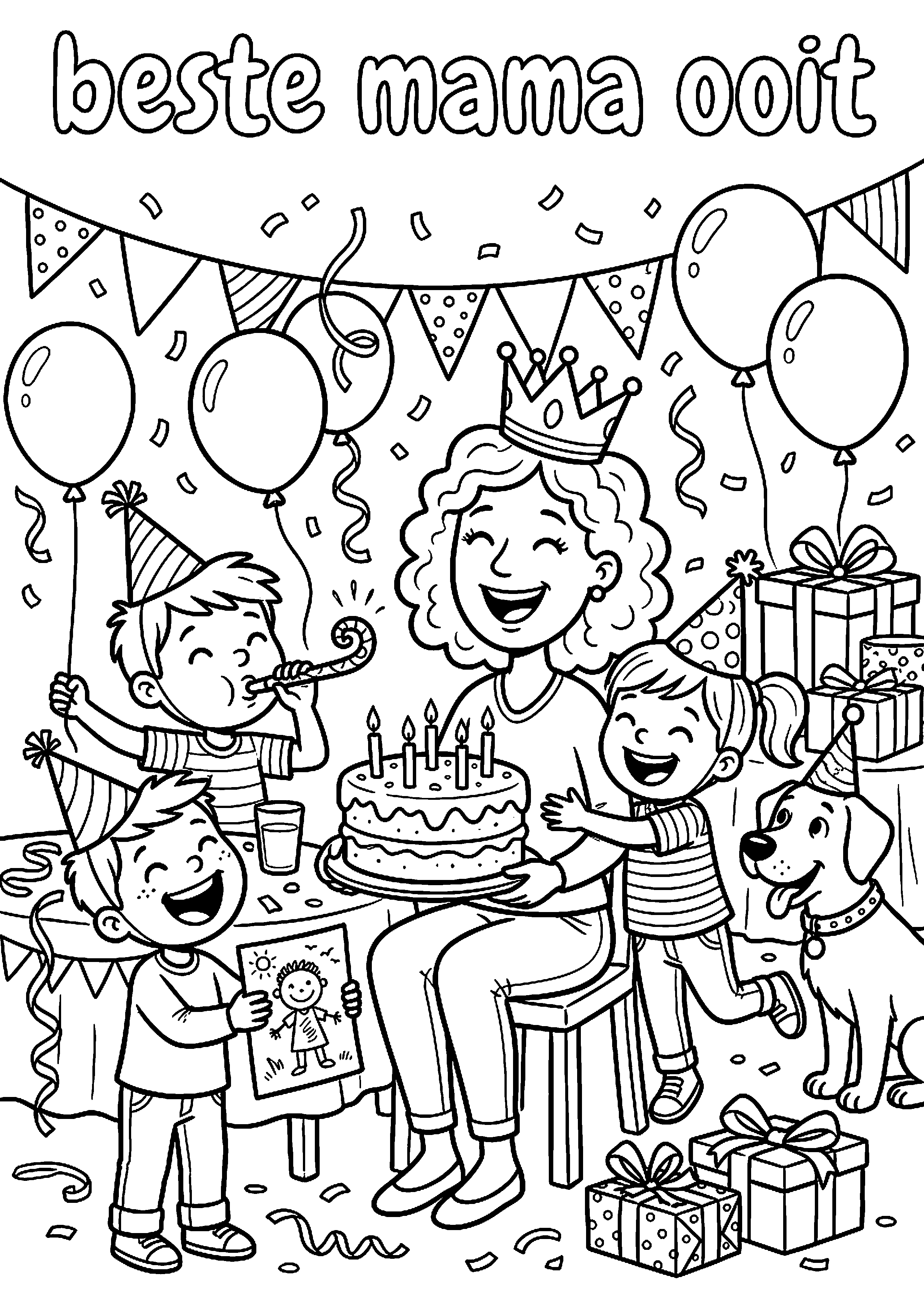 Moeder en kinderen vieren feest samen met tekst fijne moederdag kleurplaat — gratis kleurplaat printen