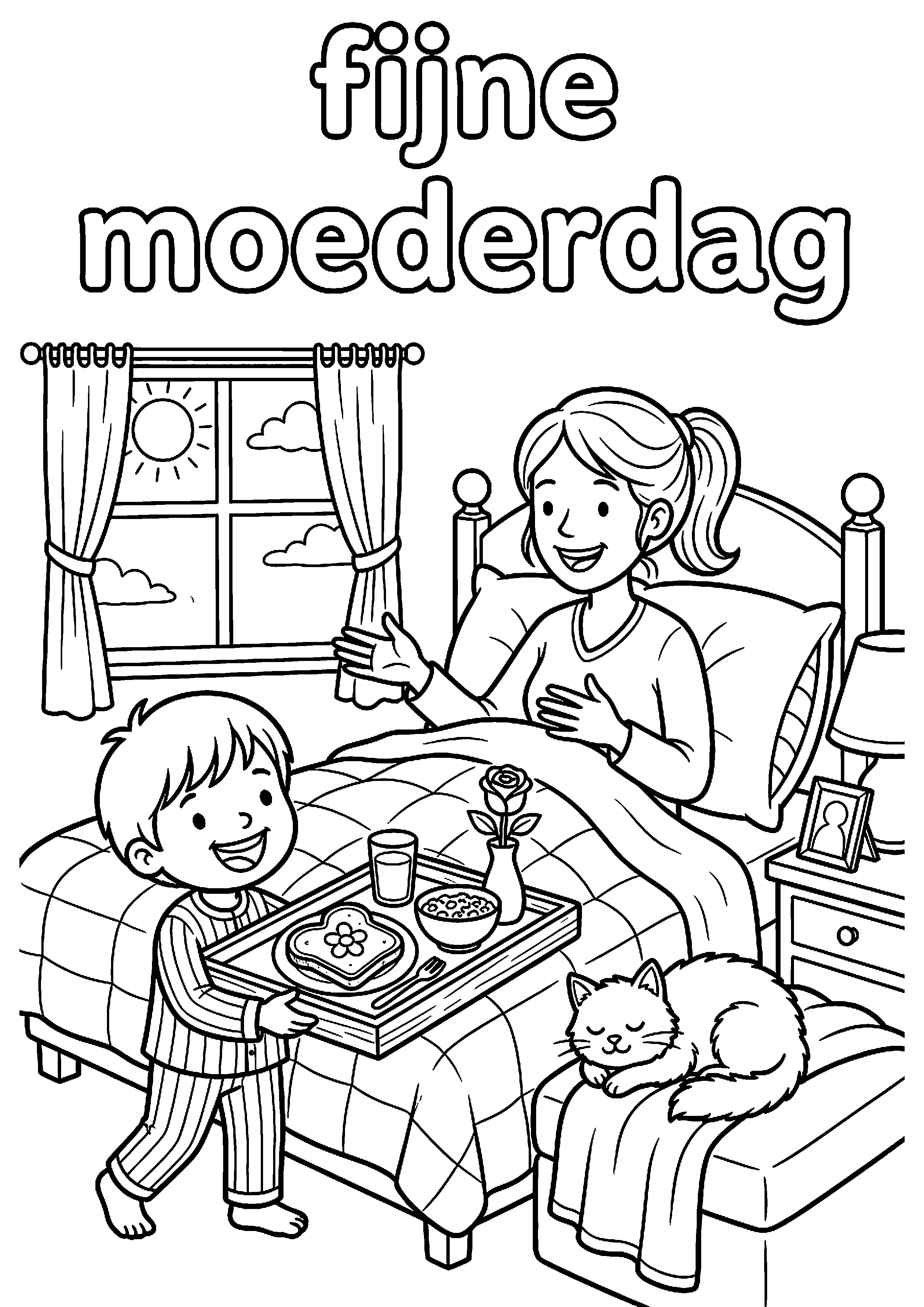 Moeder krijgt ontbijt op bed van kind met tekst fijne moederdag kleurplaat — gratis kleurplaat printen