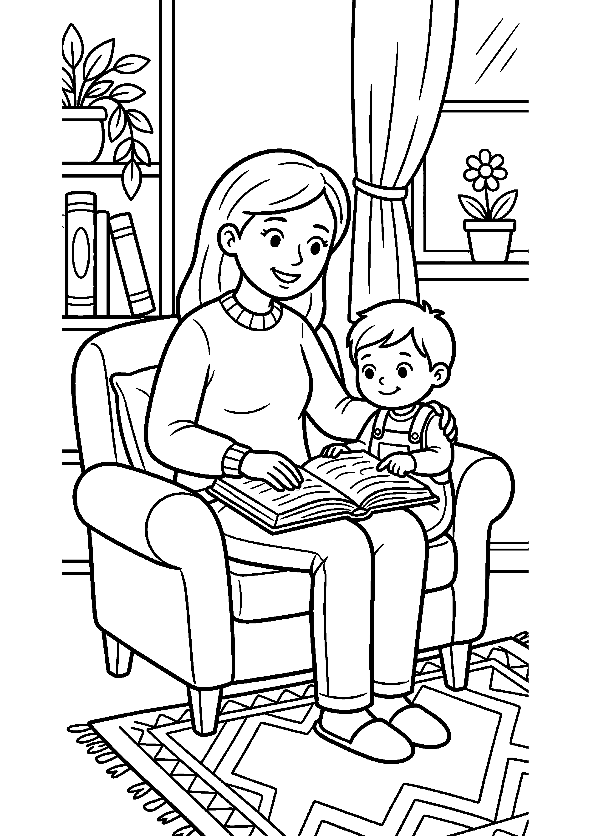 Moeder leest boek met kind kleurplaat — gratis kleurplaat printen