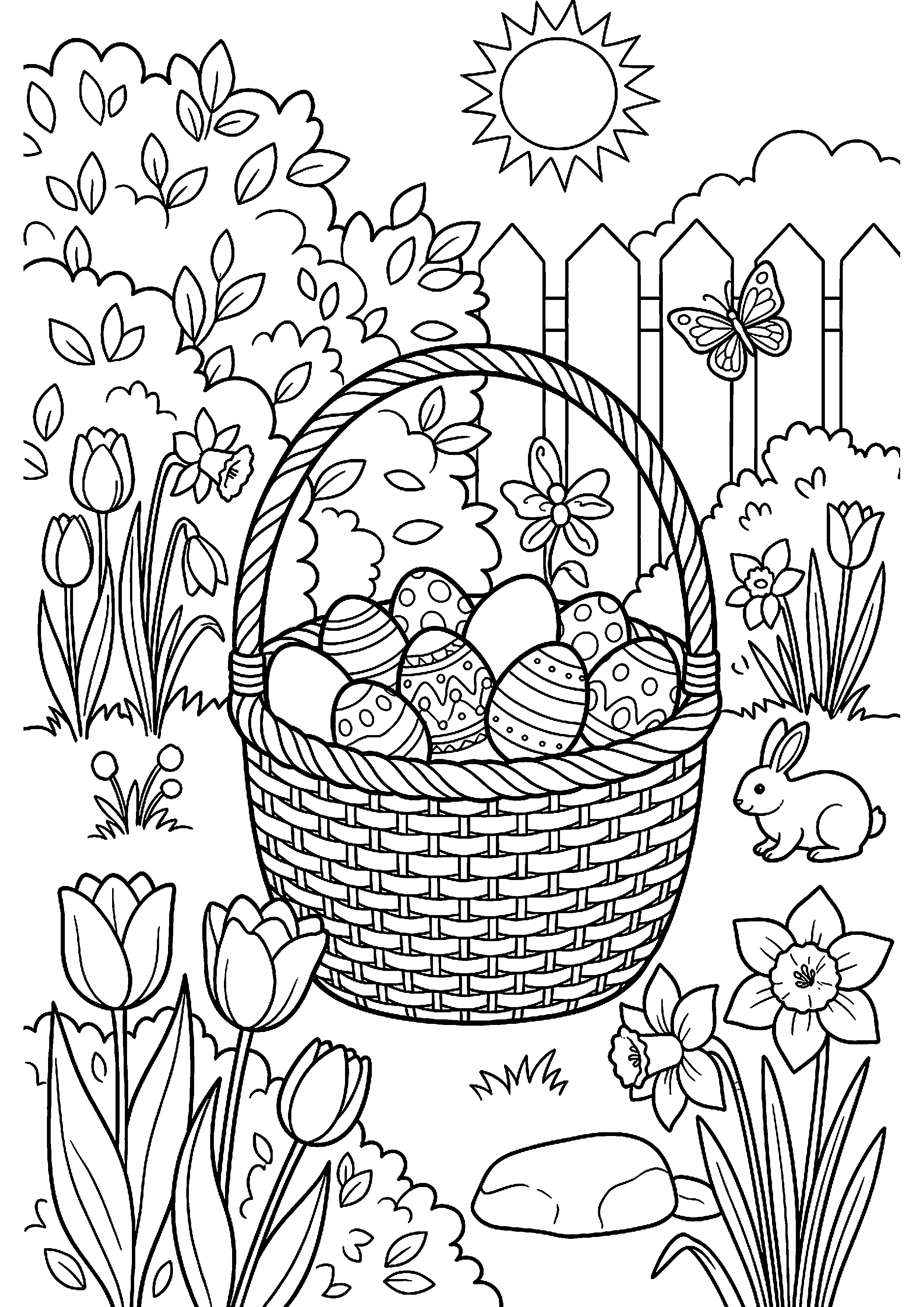 Paaseieren in grote mand in lentetuin kleurplaat — gratis kleurplaat printen