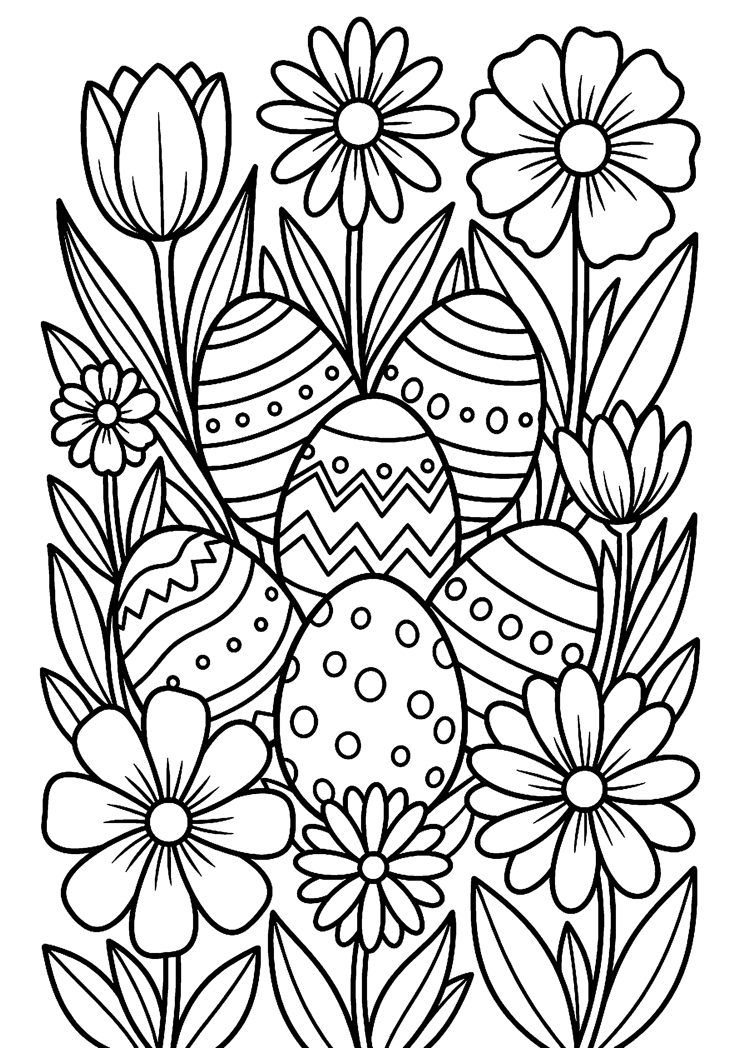 Paaseieren verstopt tussen bloemen kleurplaat — gratis kleurplaat printen