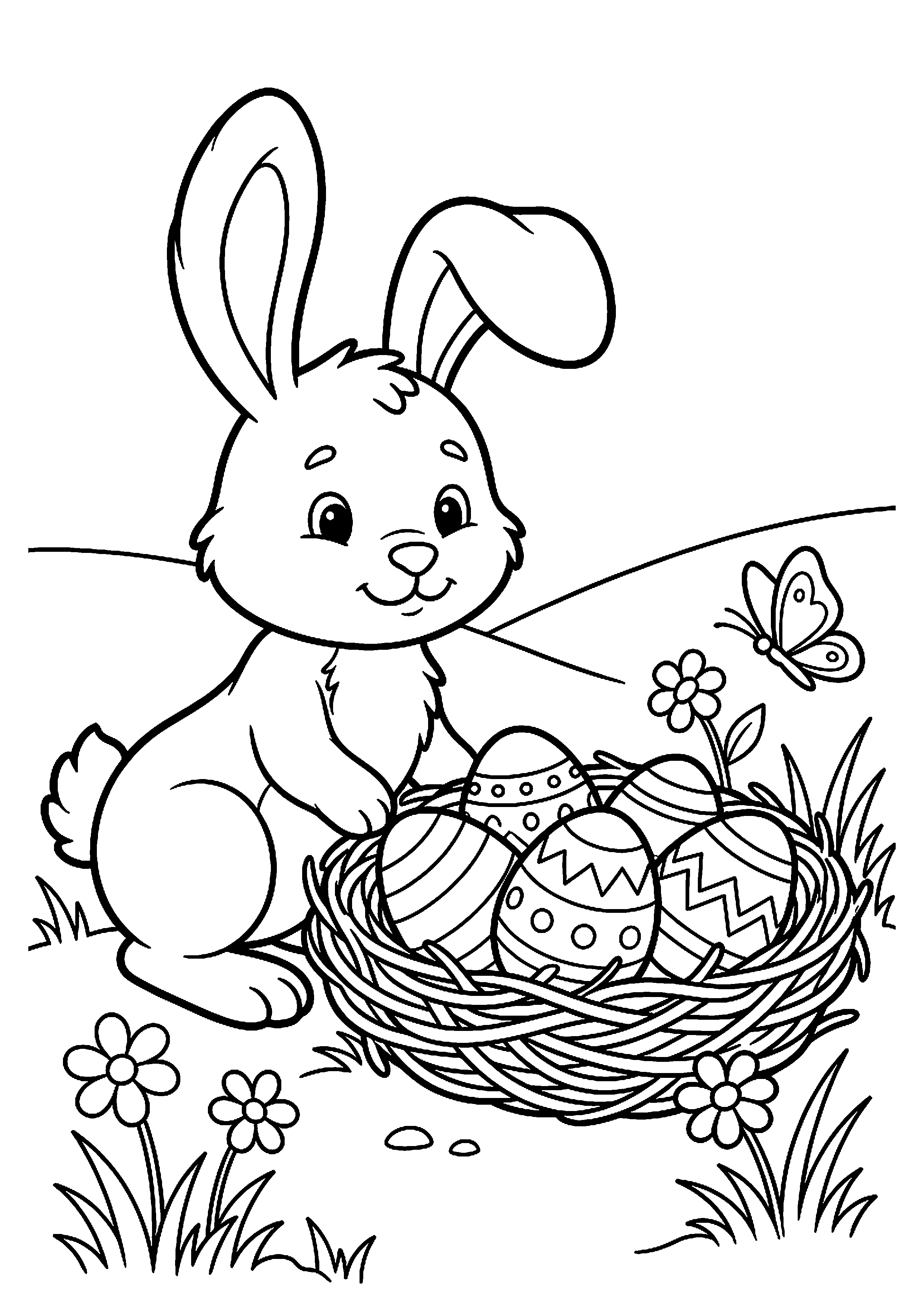Paashaas bij nest met kleurrijke eieren kleurplaat — gratis kleurplaat printen