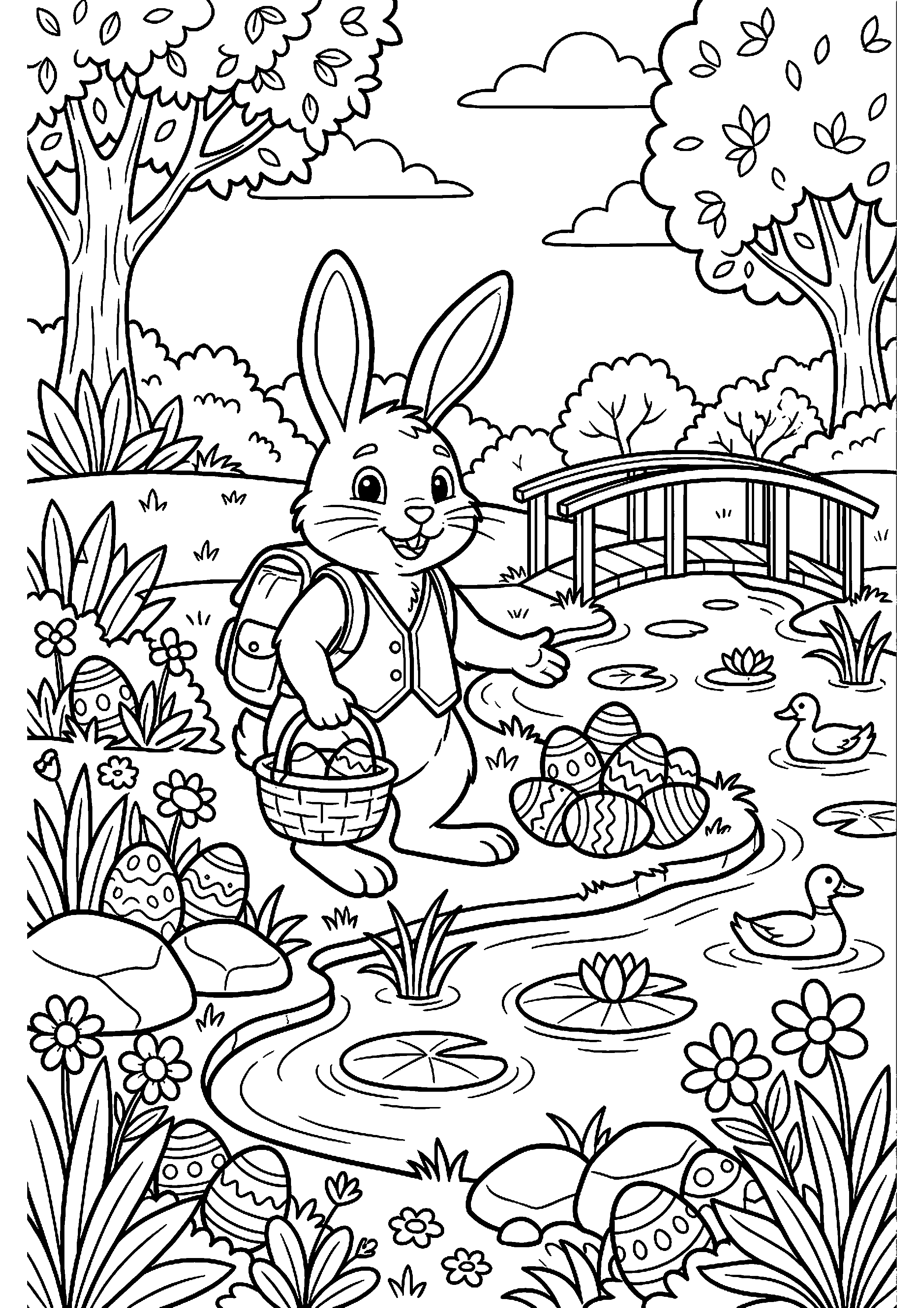 Paashaas bij vijver met eieren kleurplaat — gratis kleurplaat printen