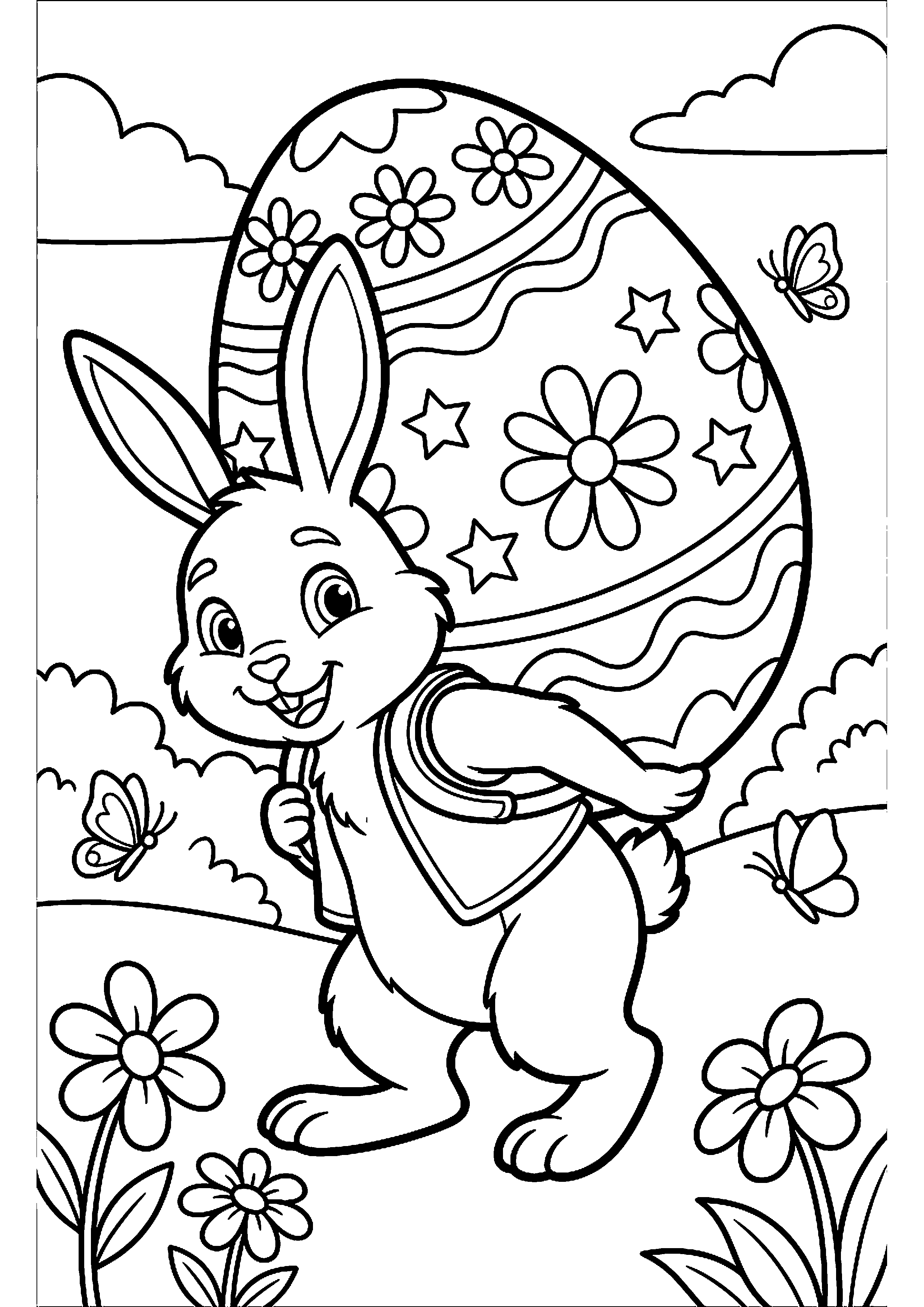 Paashaas draagt groot ei op rug kleurplaat — gratis kleurplaat printen