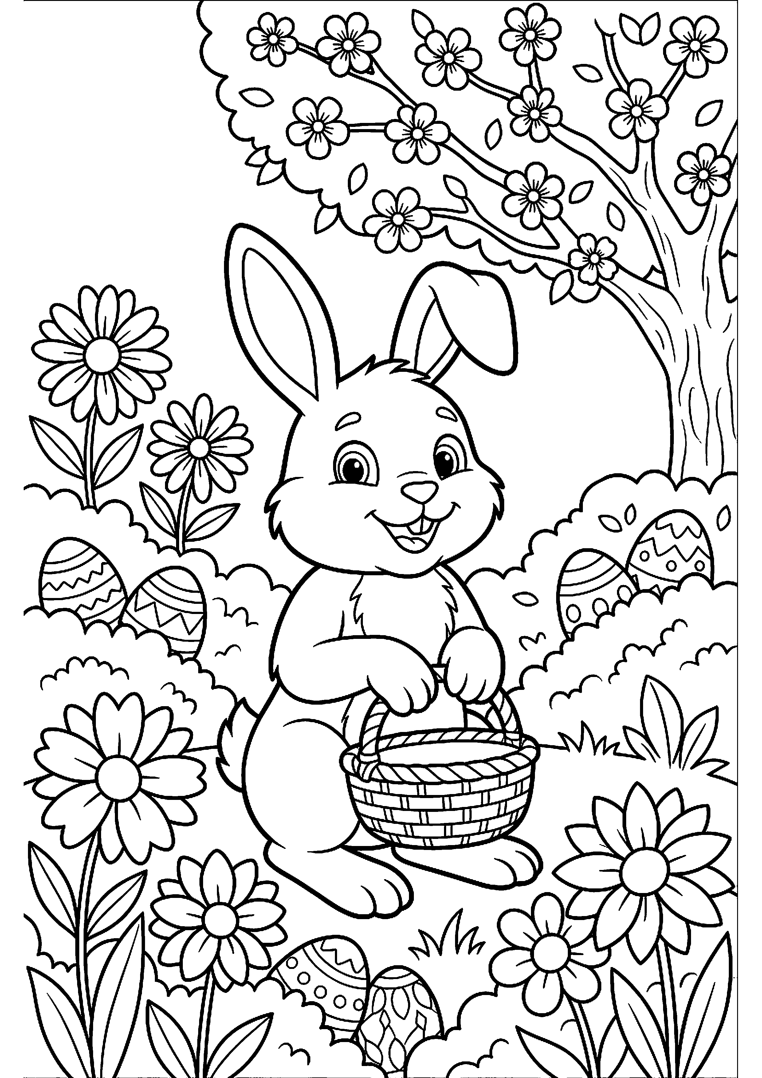 Paashaas in lentetuin met eieren kleurplaat — gratis kleurplaat printen