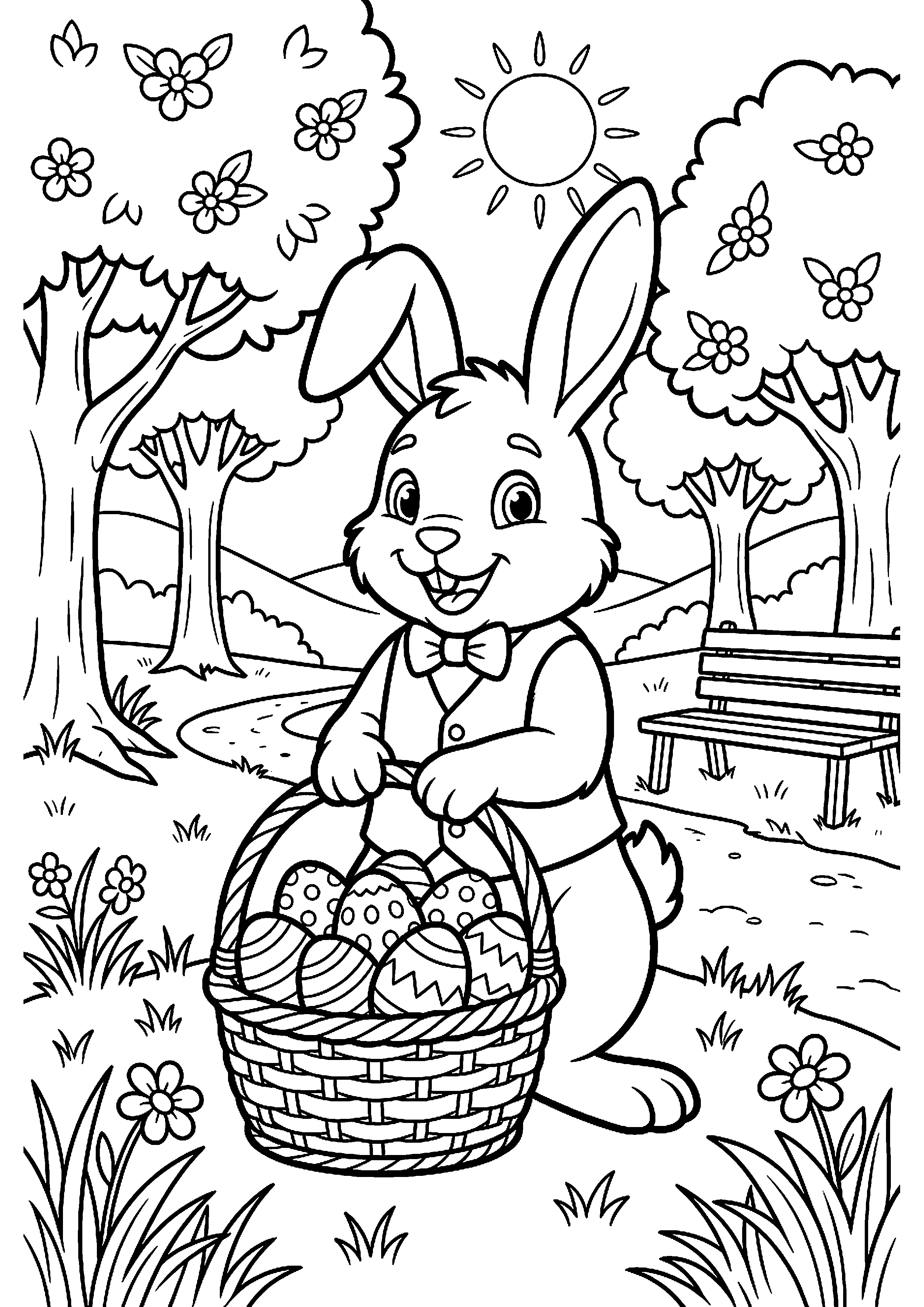 Paashaas met grote mand vol eieren in park kleurplaat — gratis kleurplaat printen