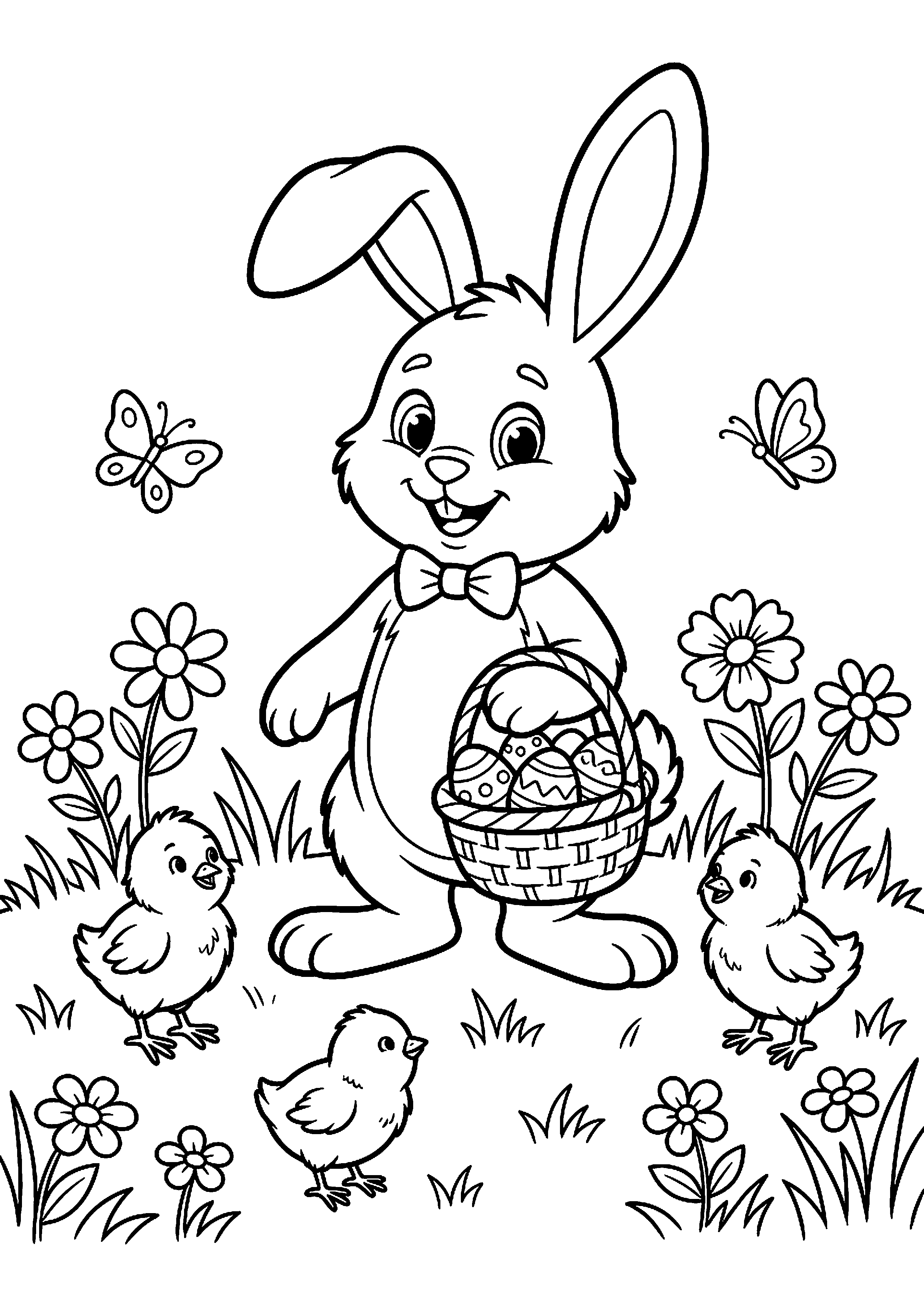 Paashaas met kuikens op grasveld kleurplaat — gratis kleurplaat printen