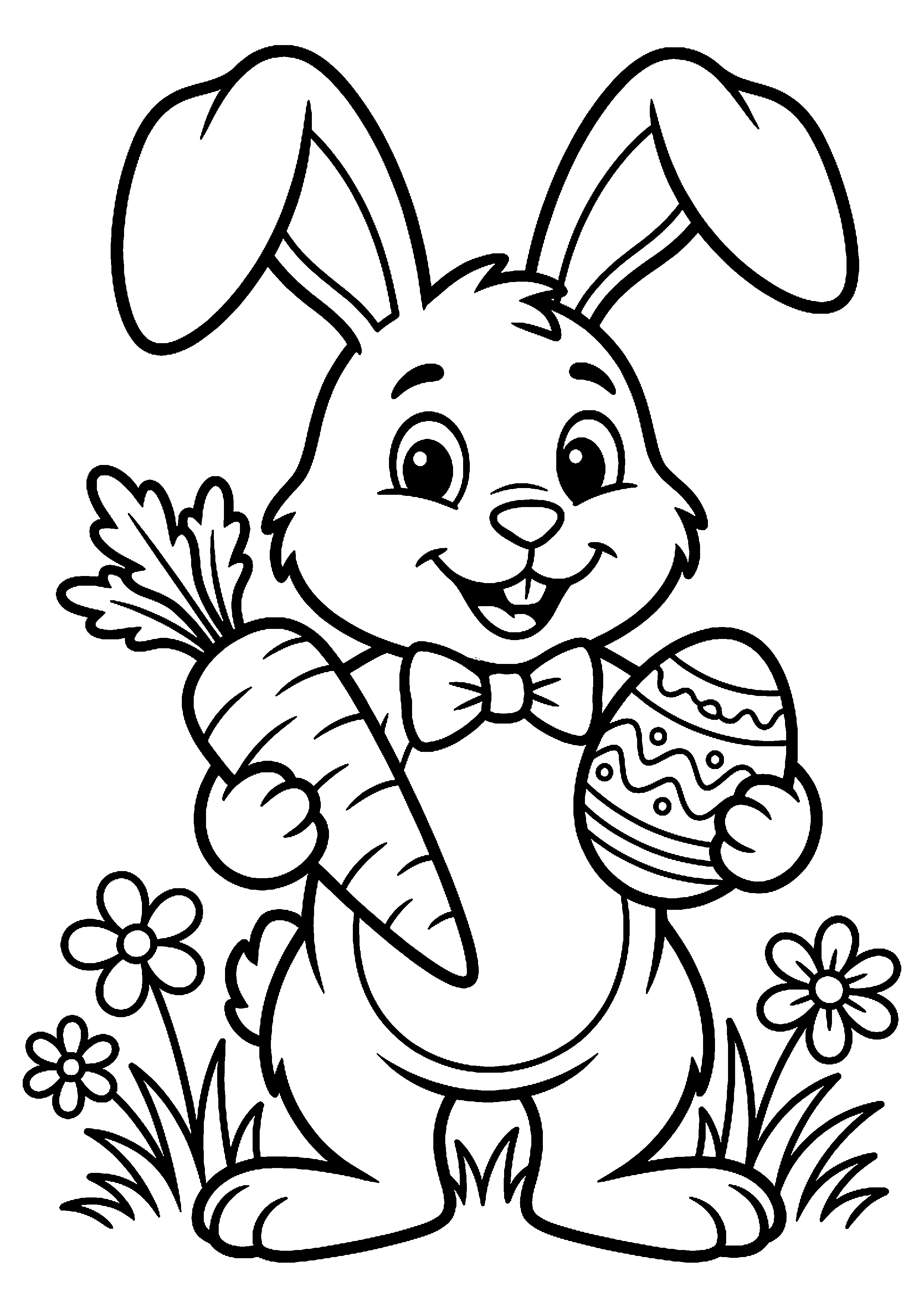 Paashaas met wortel en paasei kleurplaat — gratis kleurplaat printen