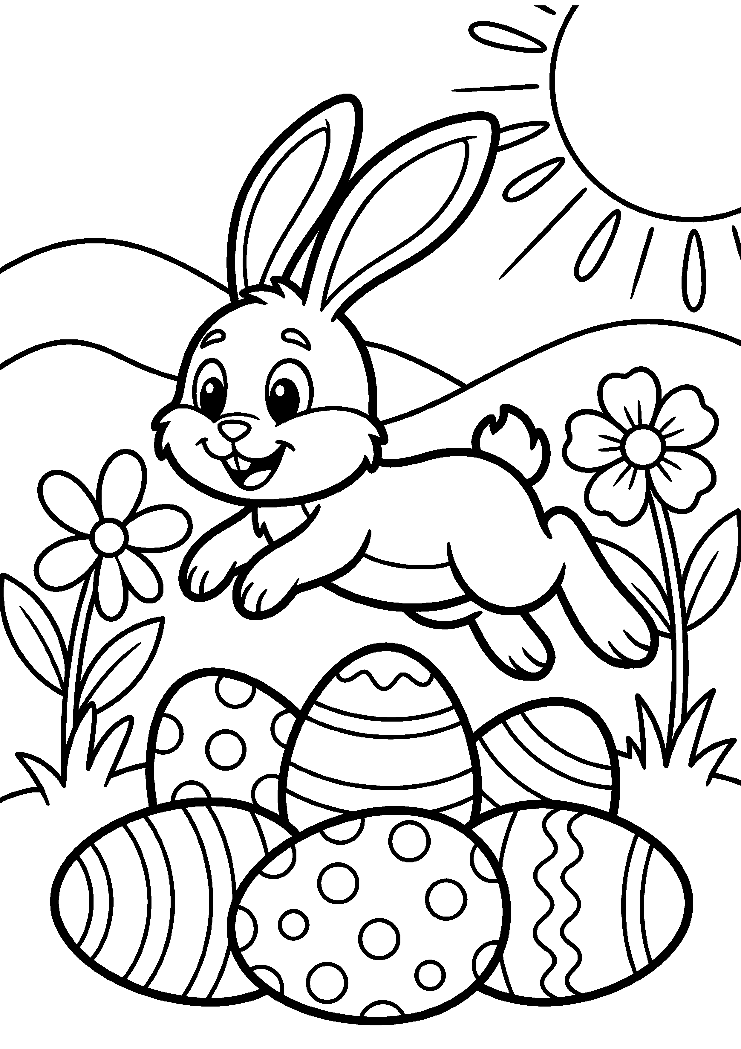 Paashaas springt over paaseieren kleurplaat — gratis kleurplaat printen