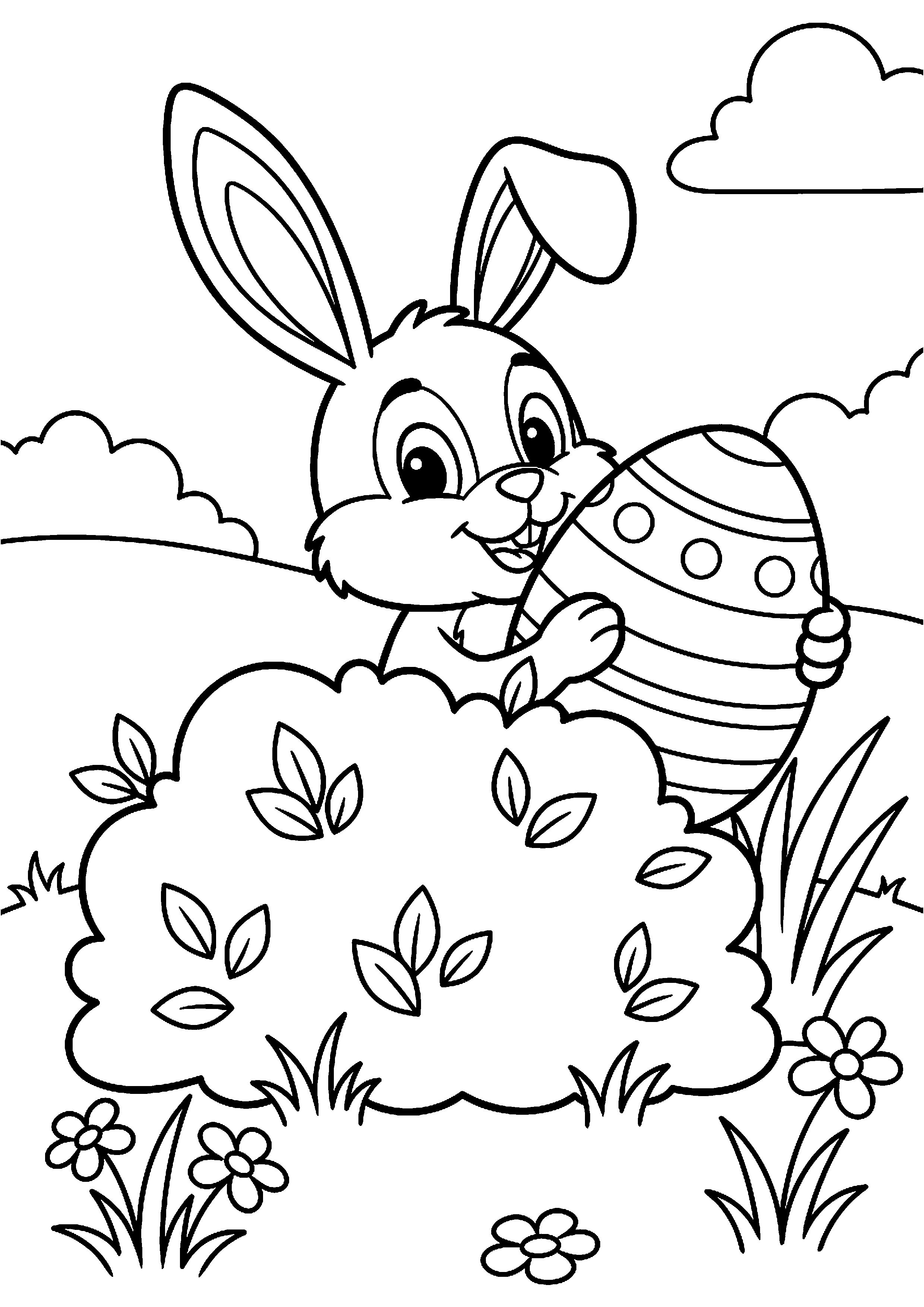 Paashaas verstopt ei achter struik kleurplaat — gratis kleurplaat printen