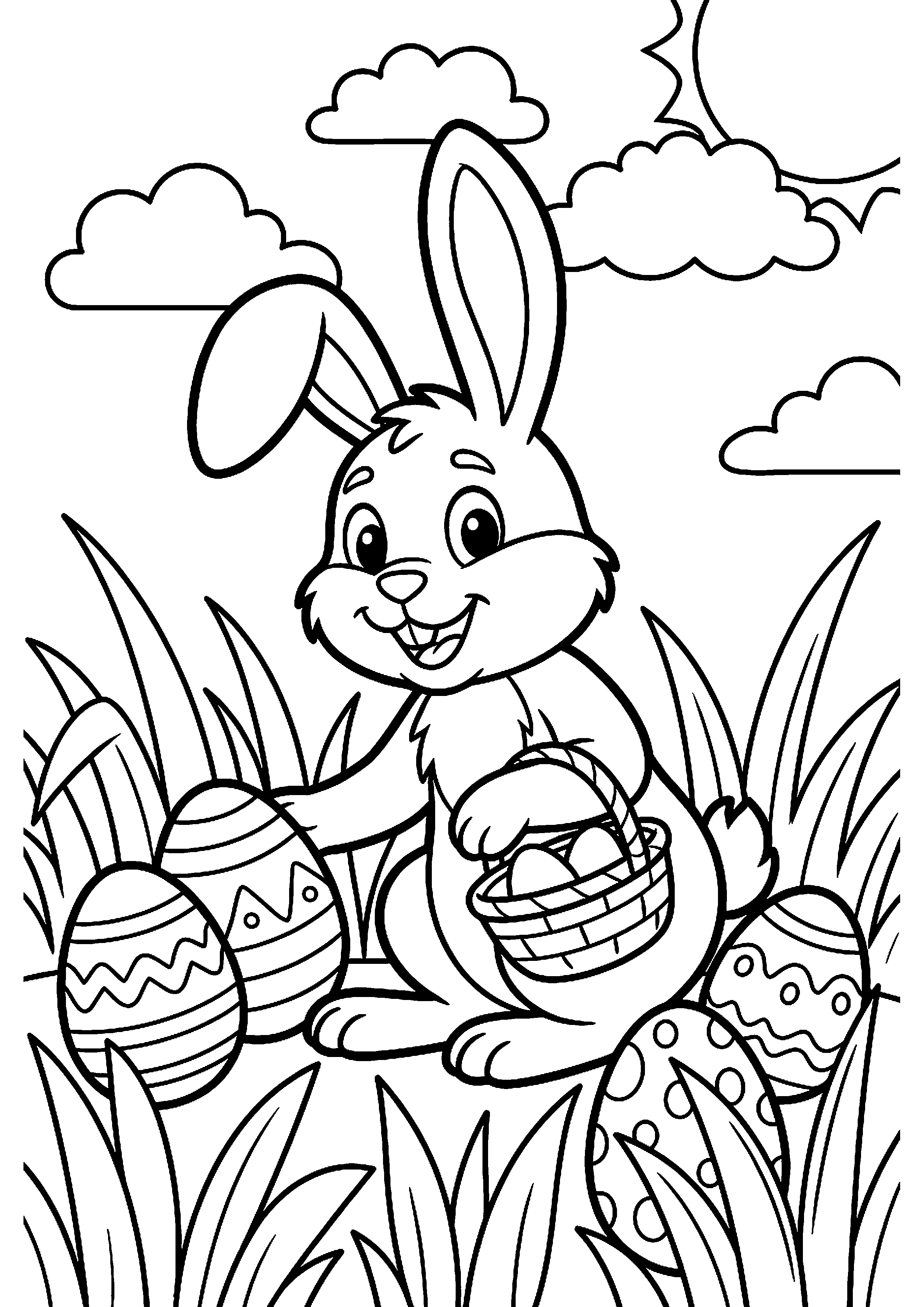 Paashaas Verstopt Paaseieren in het Gras Kleurplaat — gratis kleurplaat printen