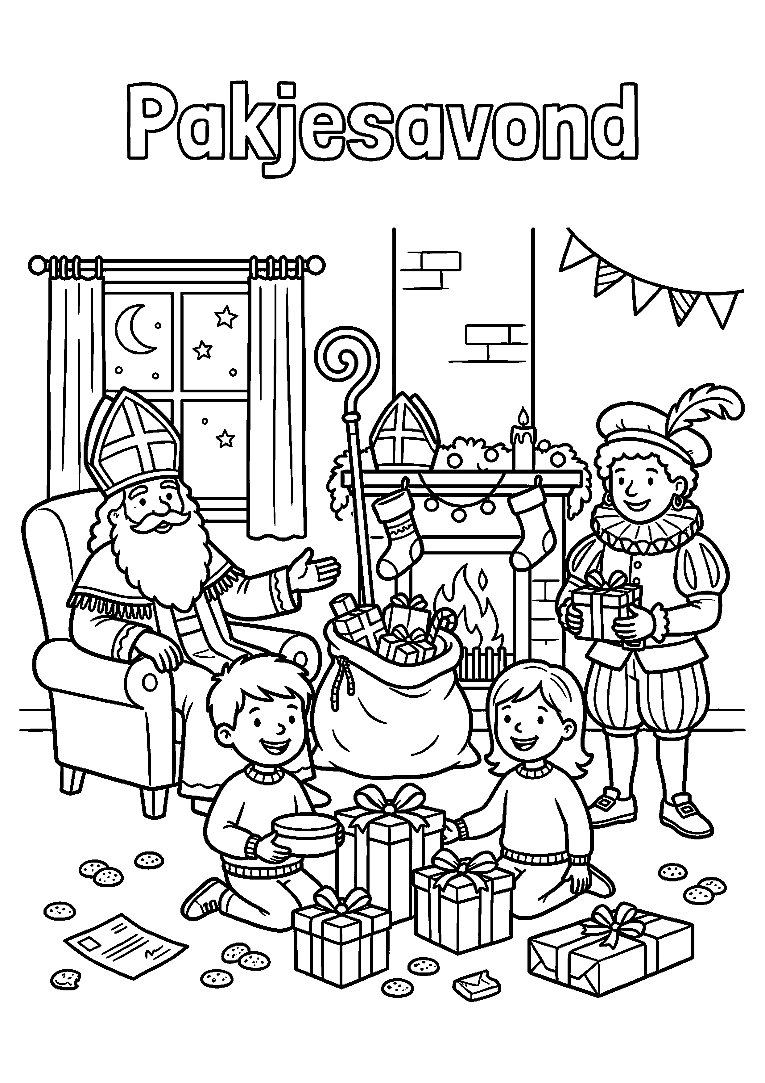 Pakjesavond met cadeautjes kleurplaat — gratis kleurplaat