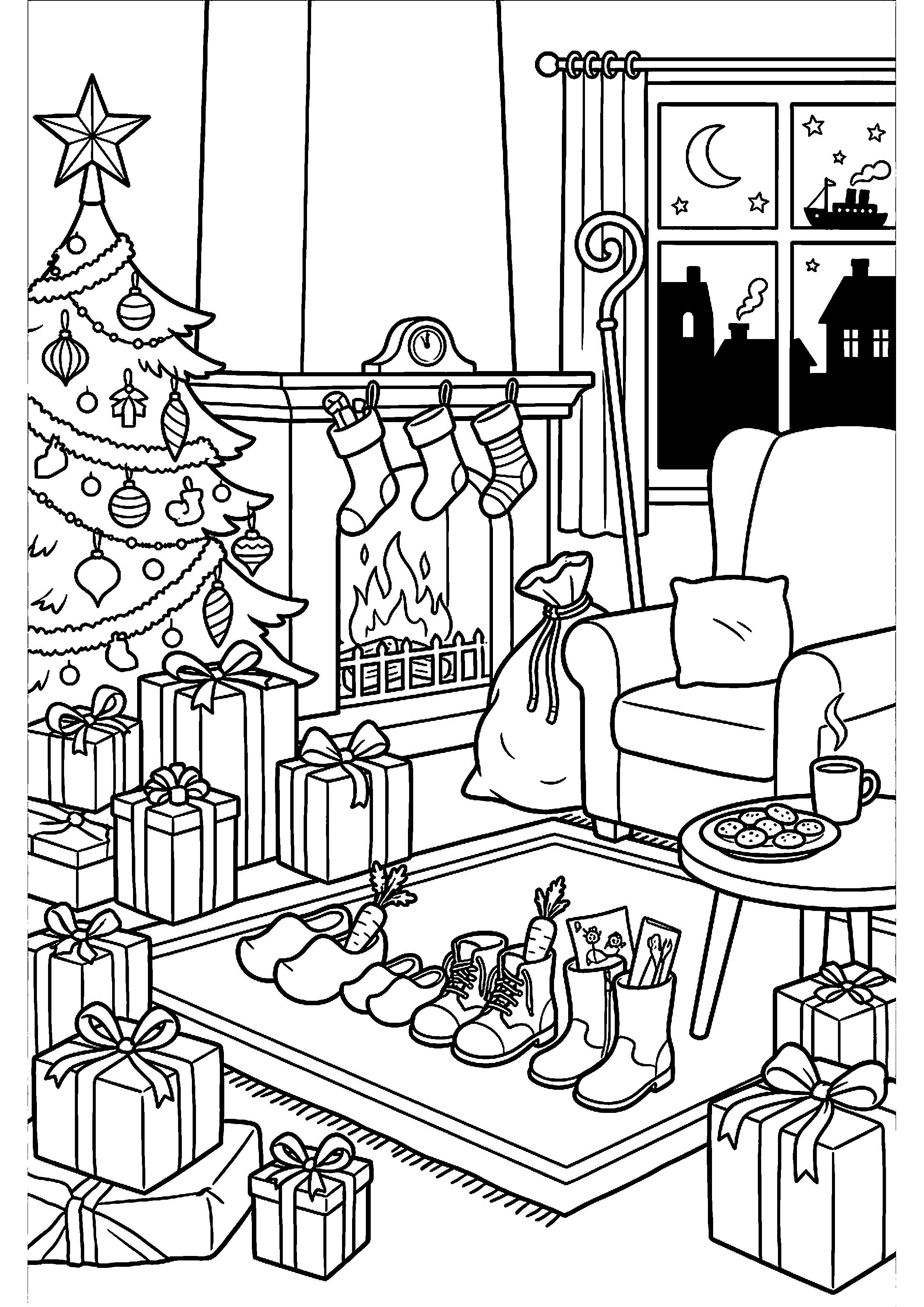 Pakjesavond met veel cadeautjes en schoentjes kleurplaat — gratis kleurplaat