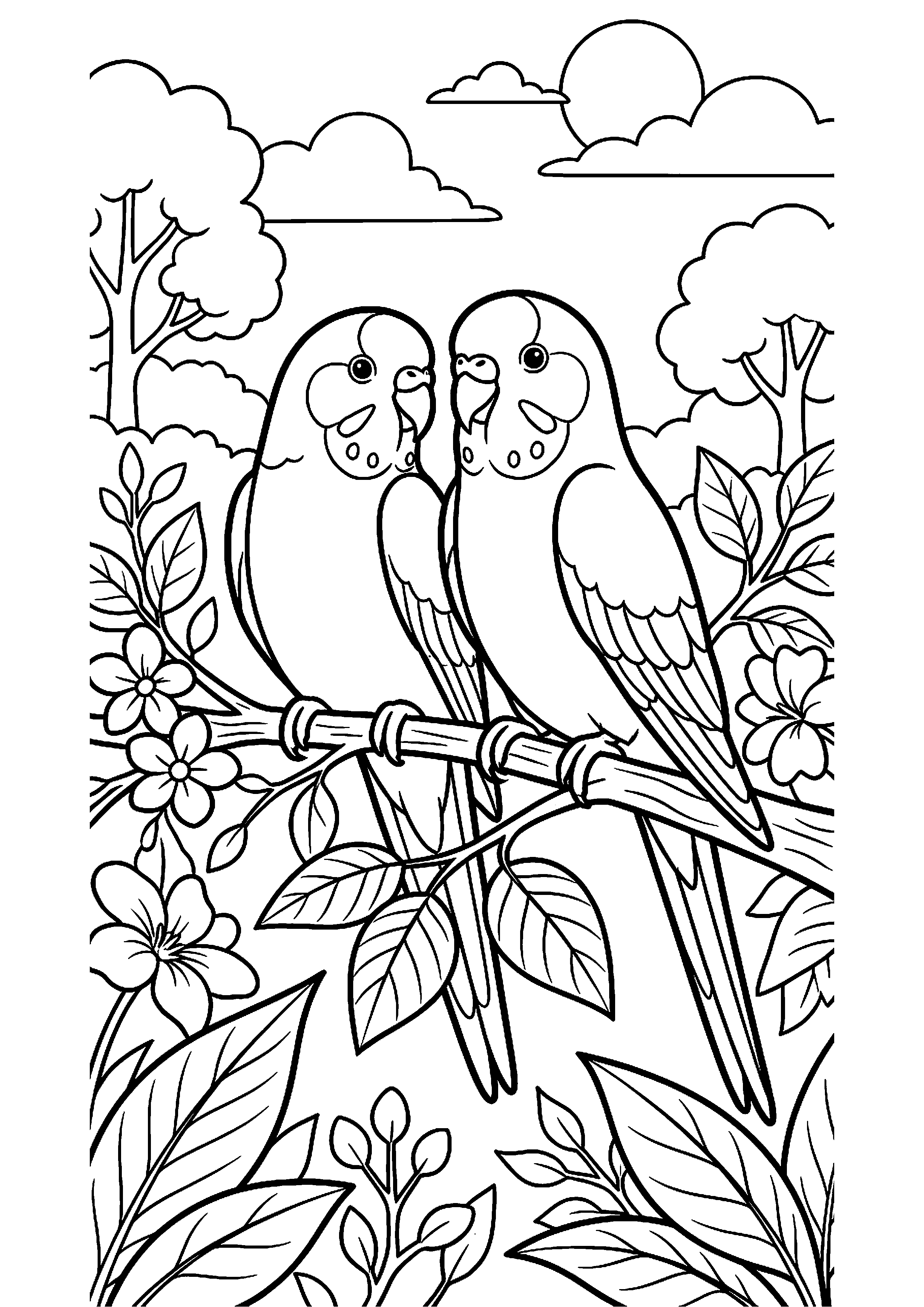 Parkieten samen op stok kleurplaat — gratis kleurplaat