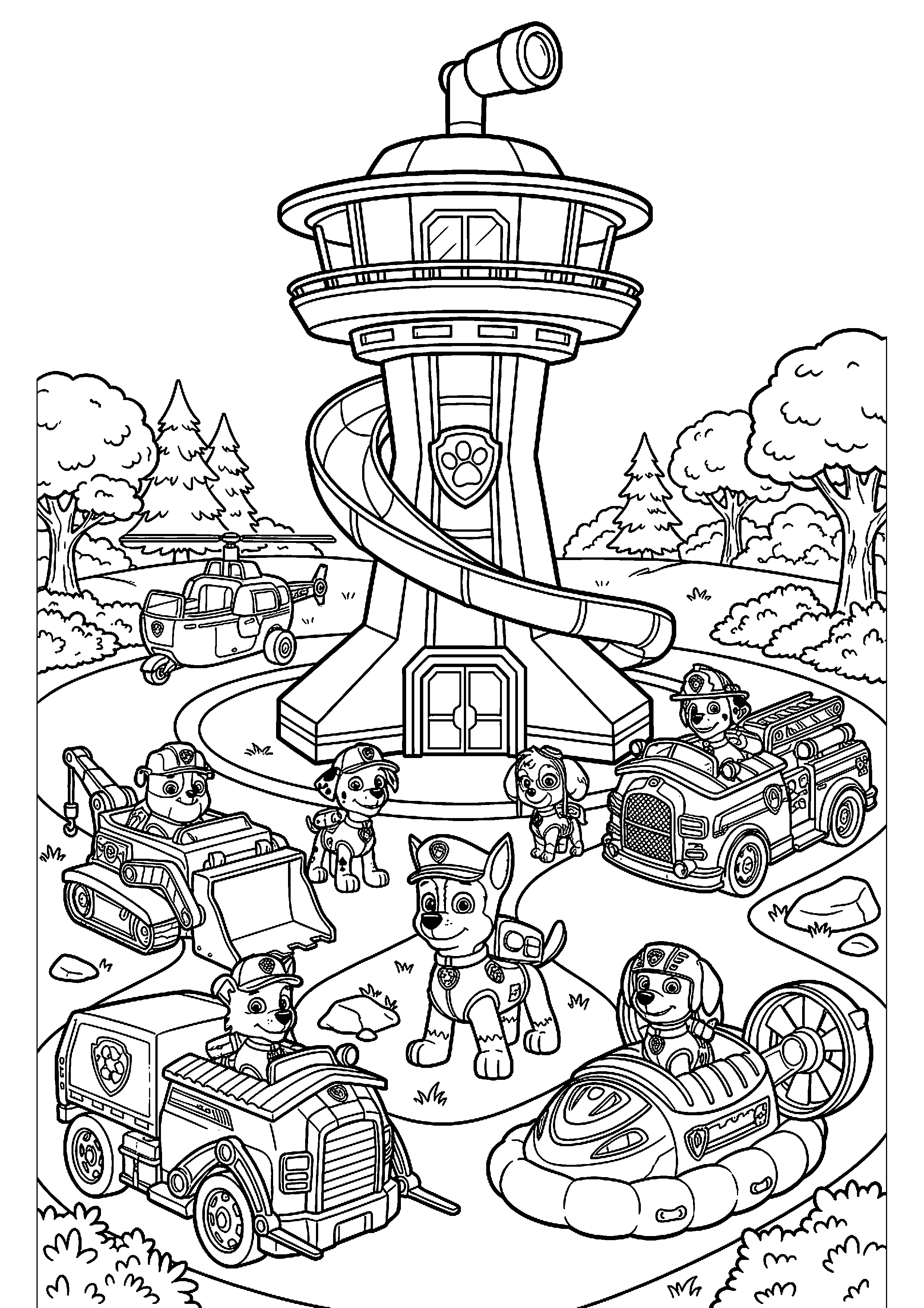 Paw patrol team met voertuigen en toren kleurplaat — gratis kleurplaat