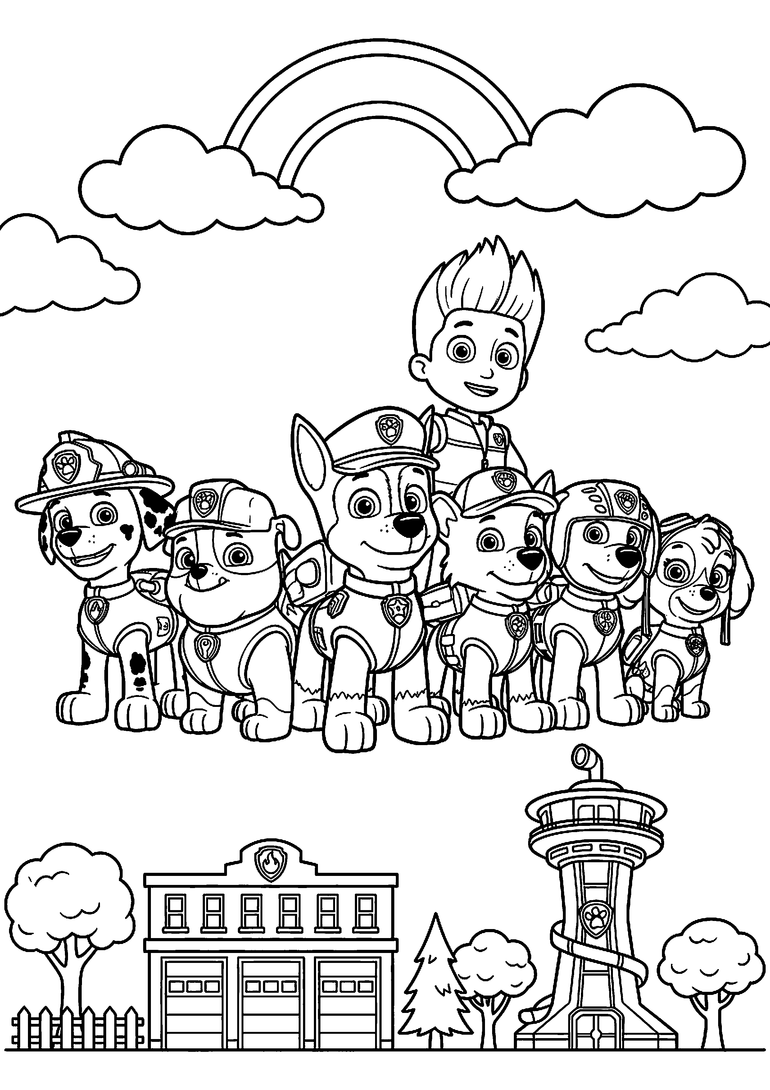 Paw patrol team staat samen op rij kleurplaat — gratis kleurplaat