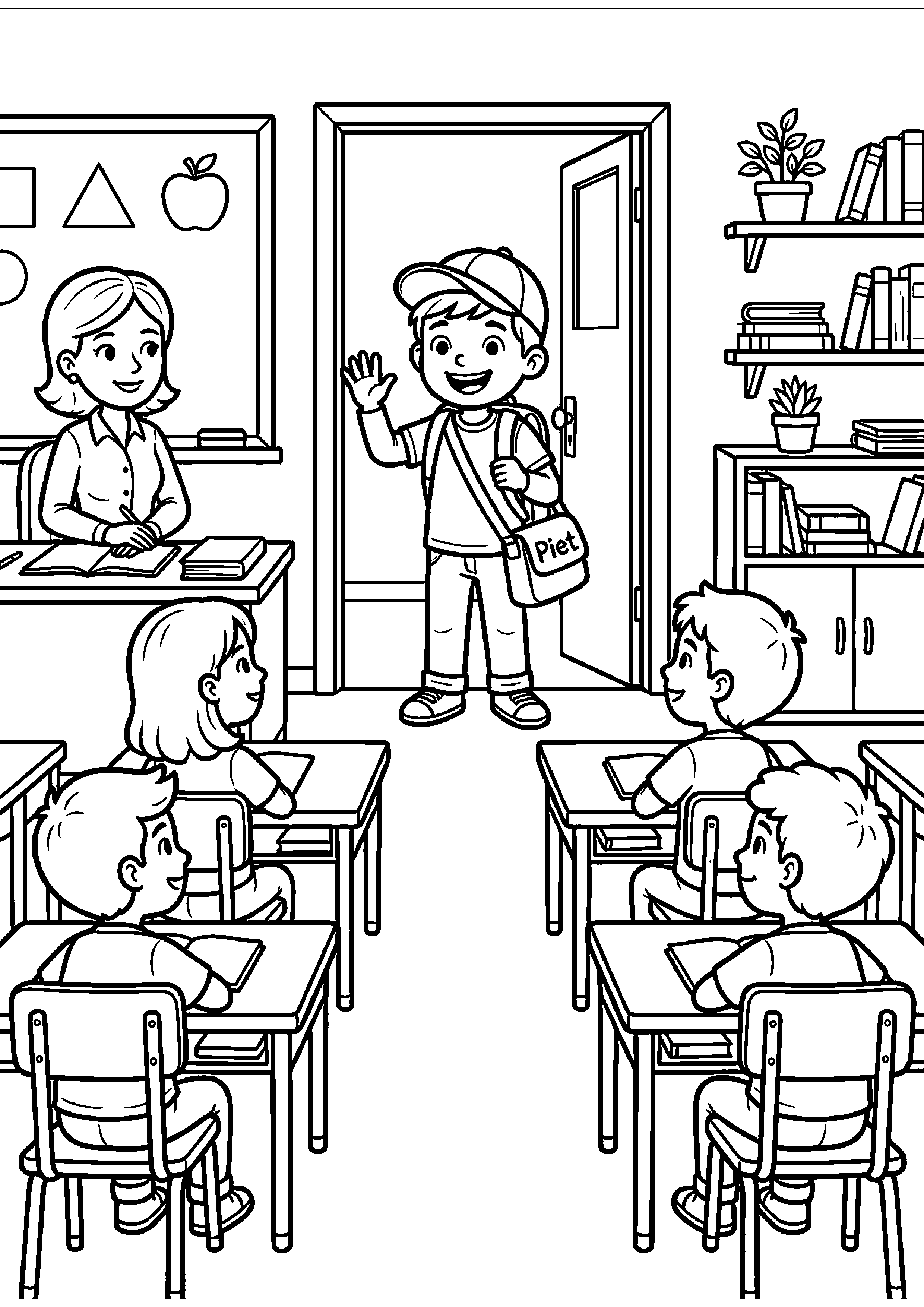 Piet komt de klas binnen kleurplaat — gratis kleurplaat printen