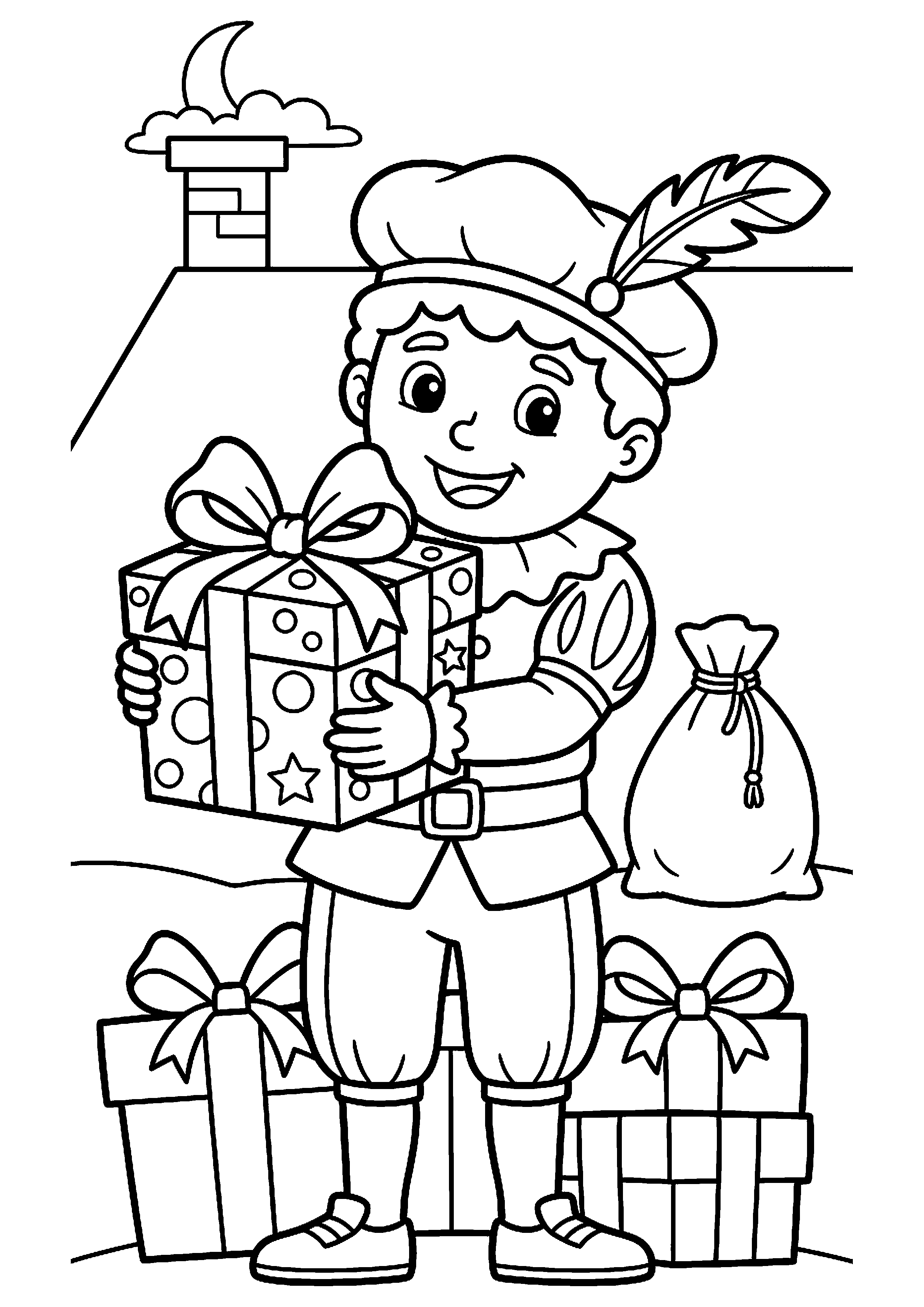 Piet met cadeautje kleurplaat — gratis kleurplaat printen