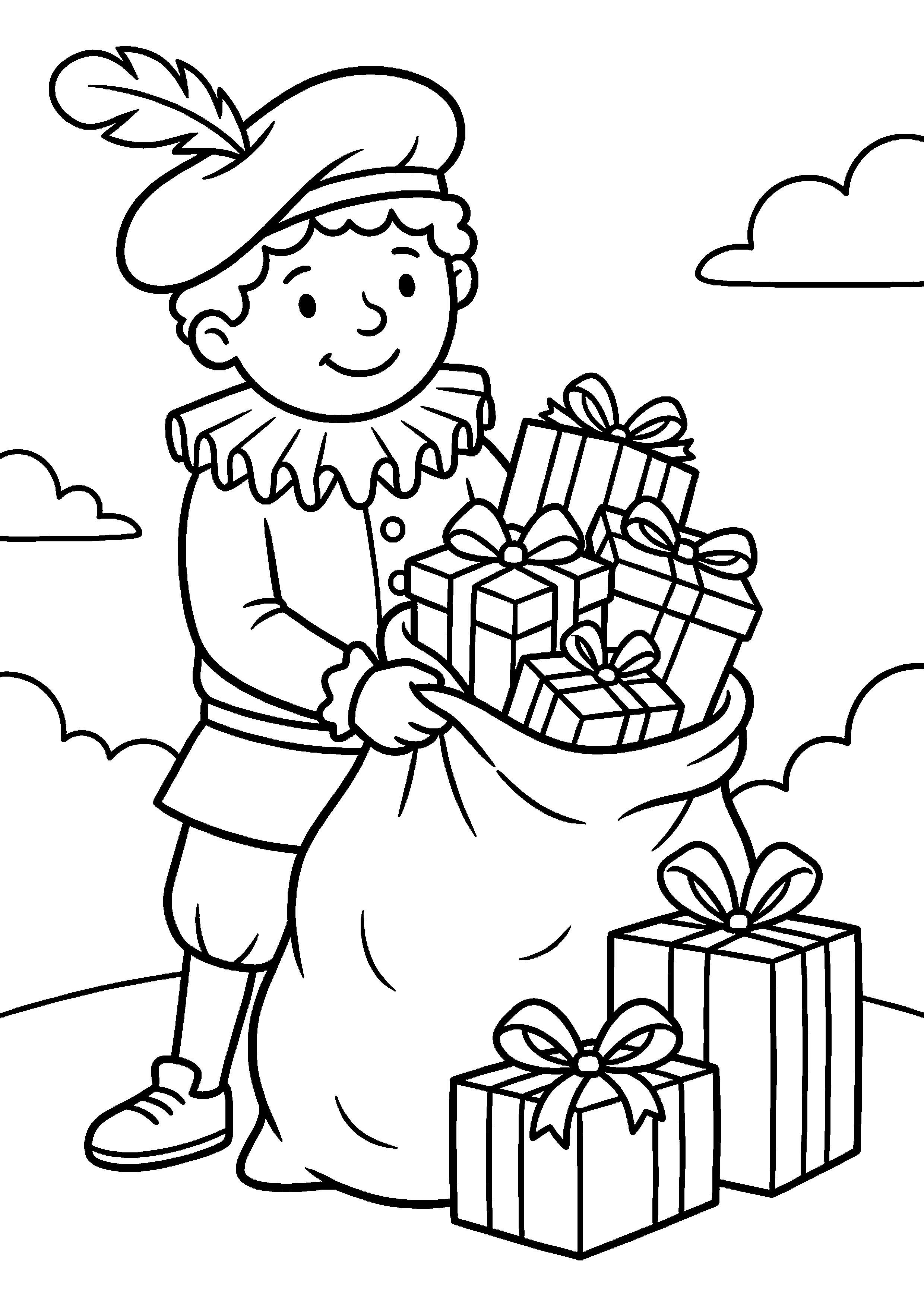 Piet met een zak cadeautjes kleurplaat — gratis kleurplaat printen