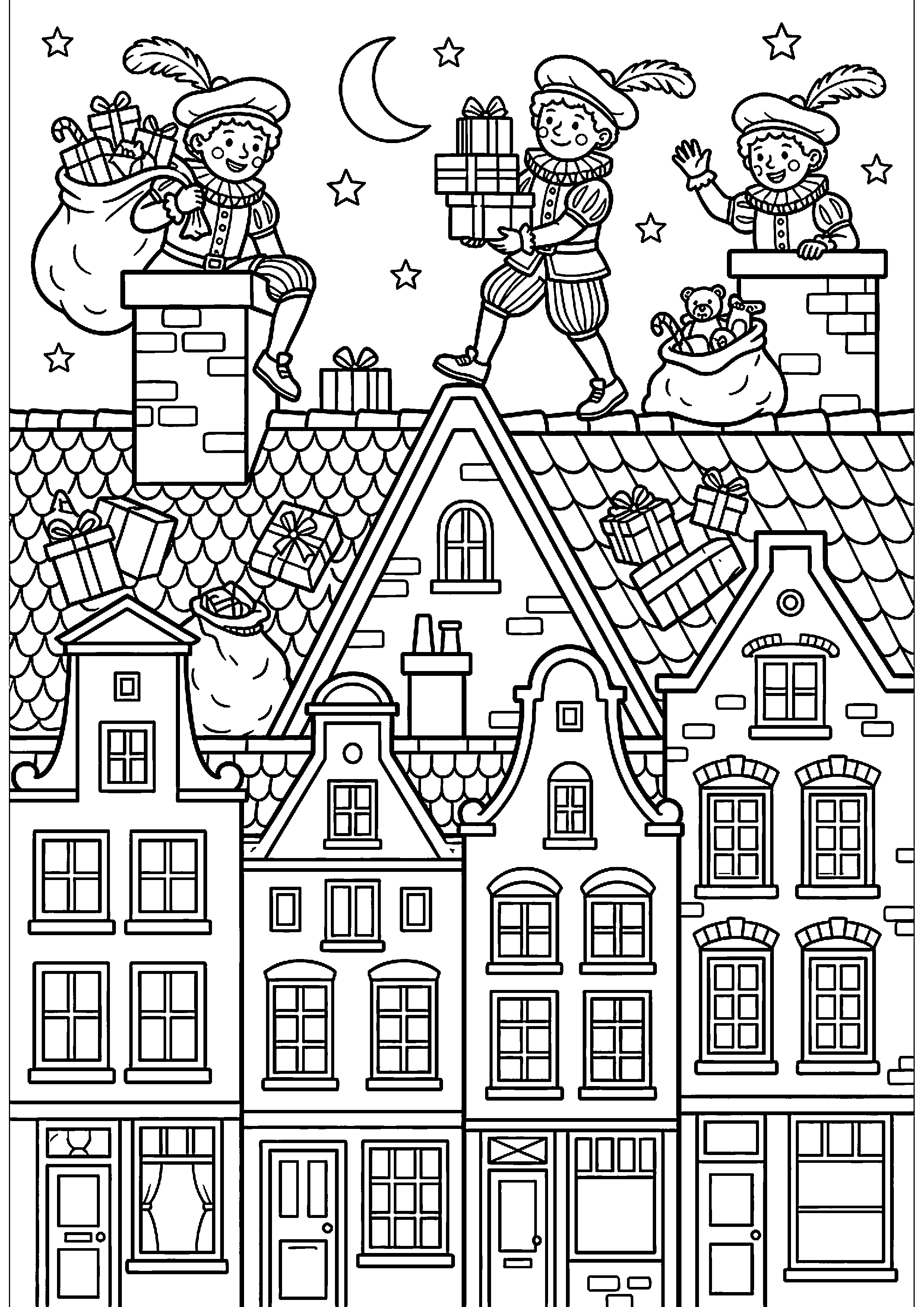 Pieten op daken met cadeautjes kleurplaat — gratis kleurplaat printen