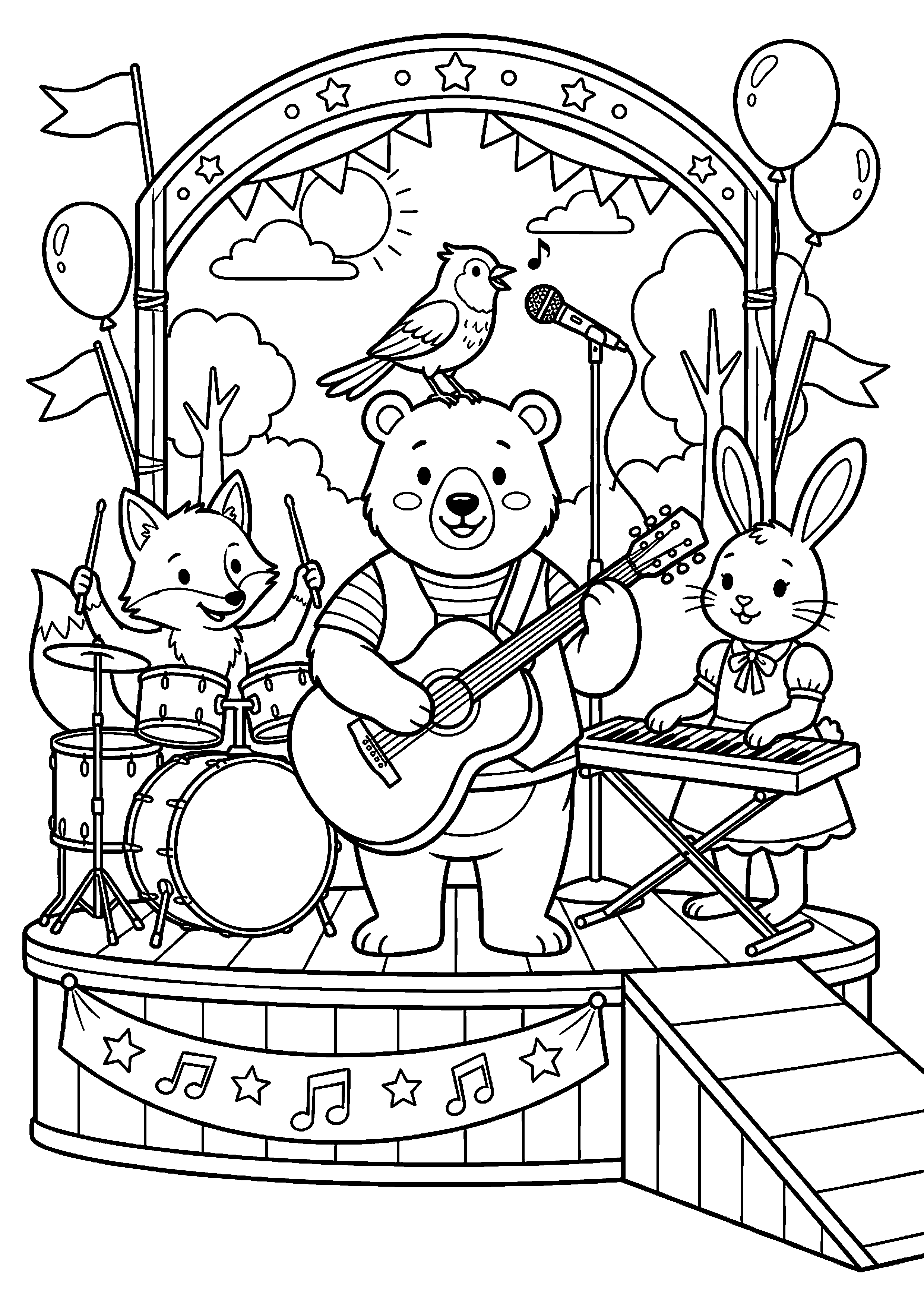 Podium met muziekband kleurplaat — gratis kleurplaat printen