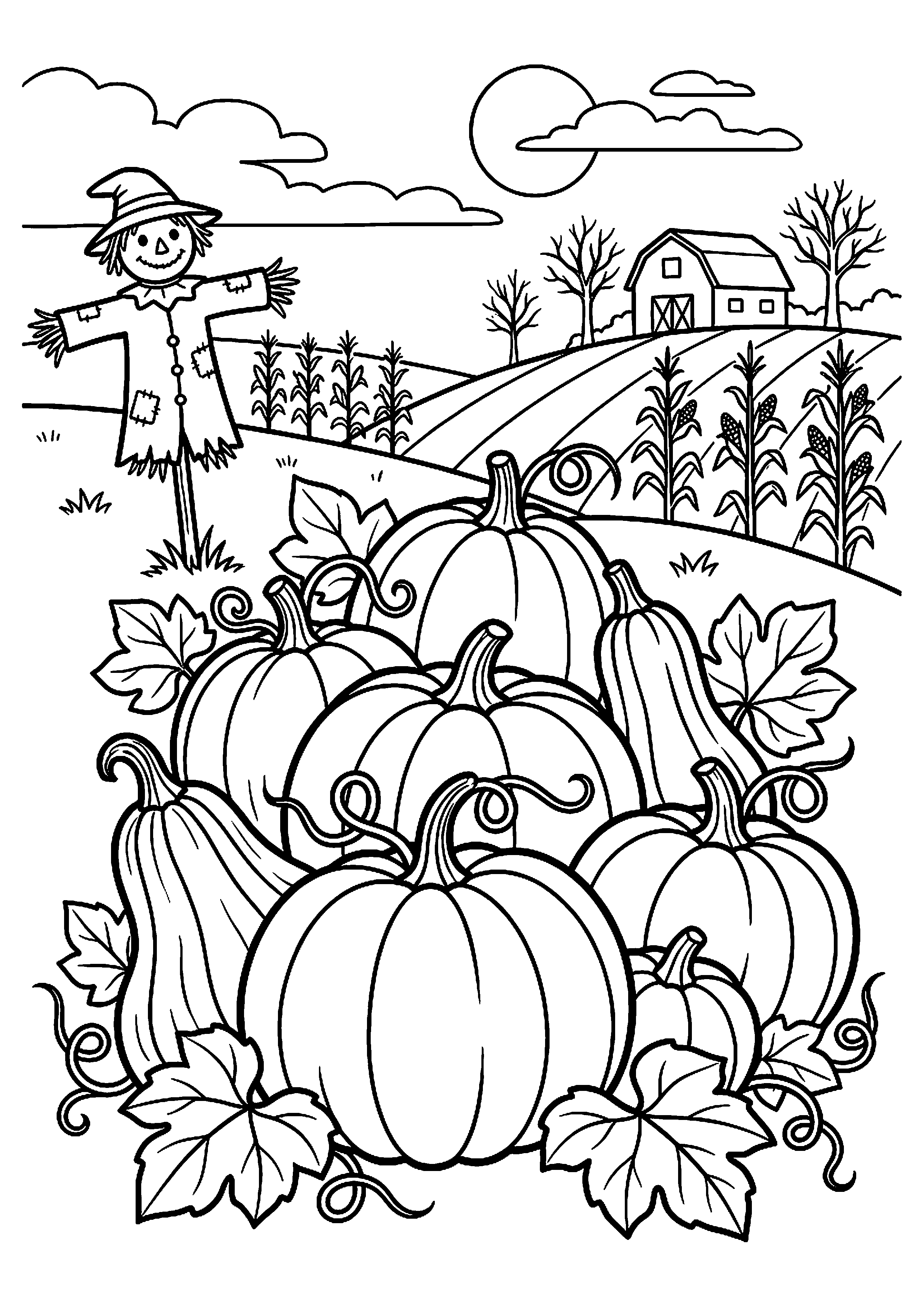 Pompoenen op herfstveld kleurplaat — gratis kleurplaat printen