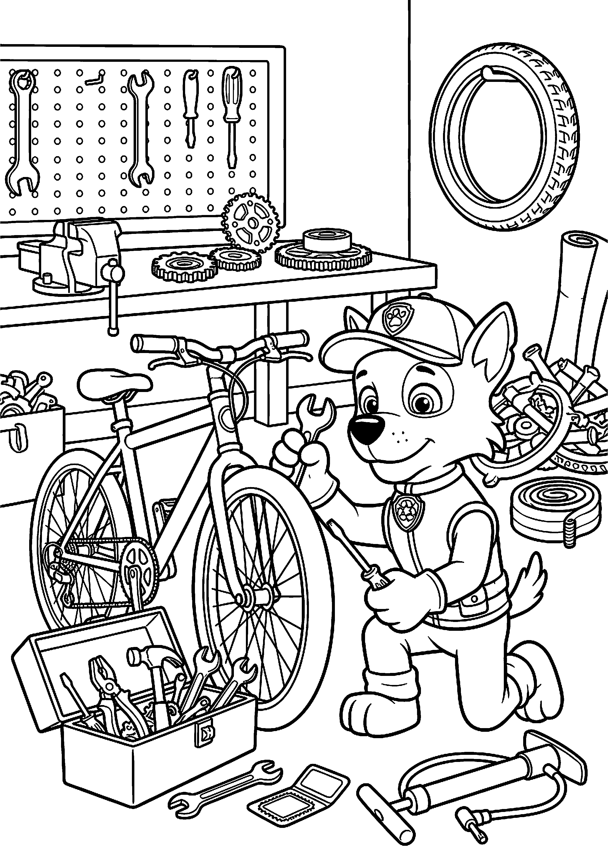 Rocky repareert fiets met gereedschap kleurplaat — gratis kleurplaat